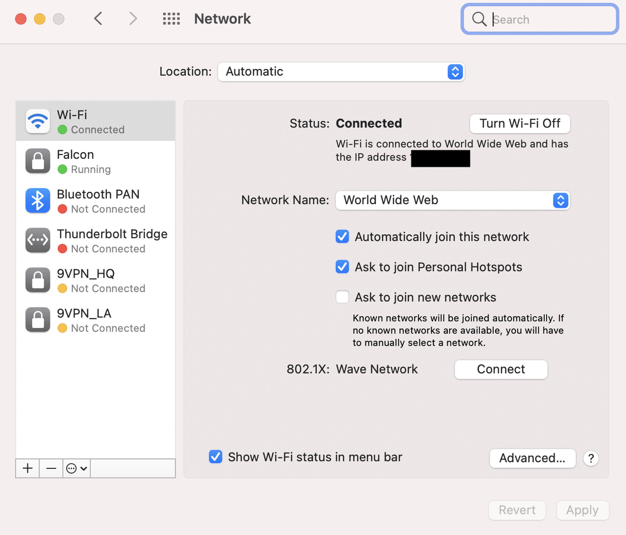 An screenshot showing network settings in macOS