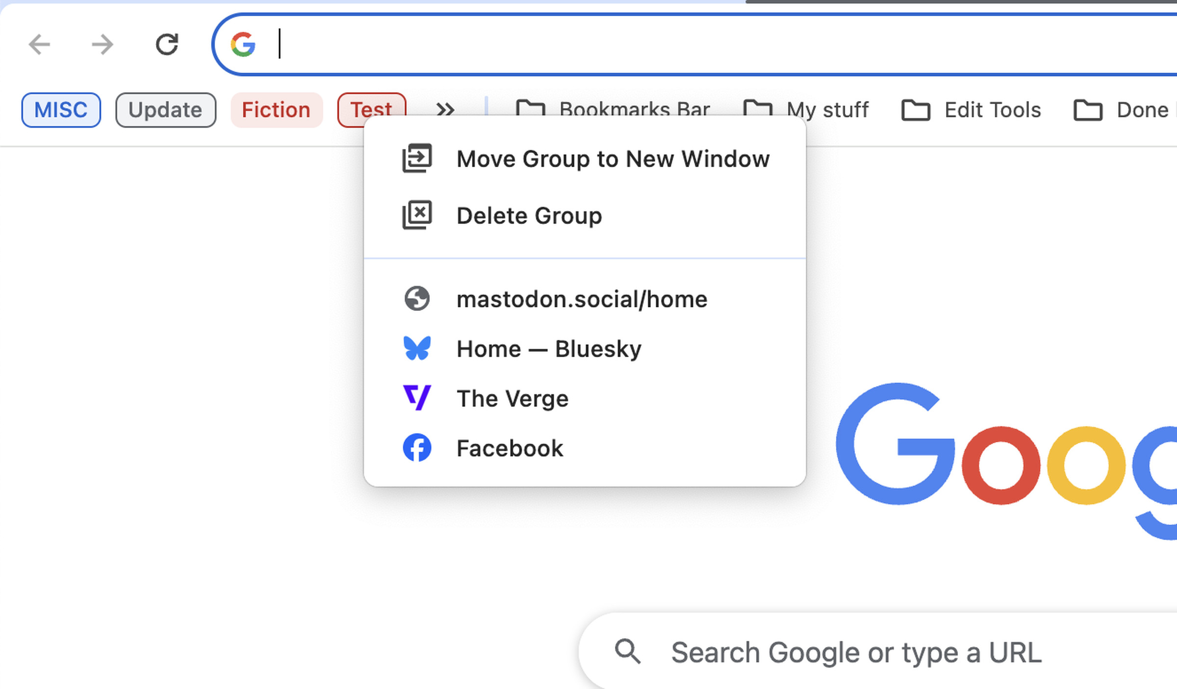 Part of a Chrome front page with four differently colored labels and a drop-down menu showing the test group.