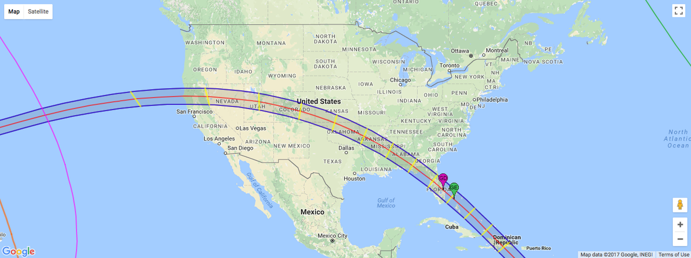 The path of totality for the August 12th, 2045 solar eclipse.