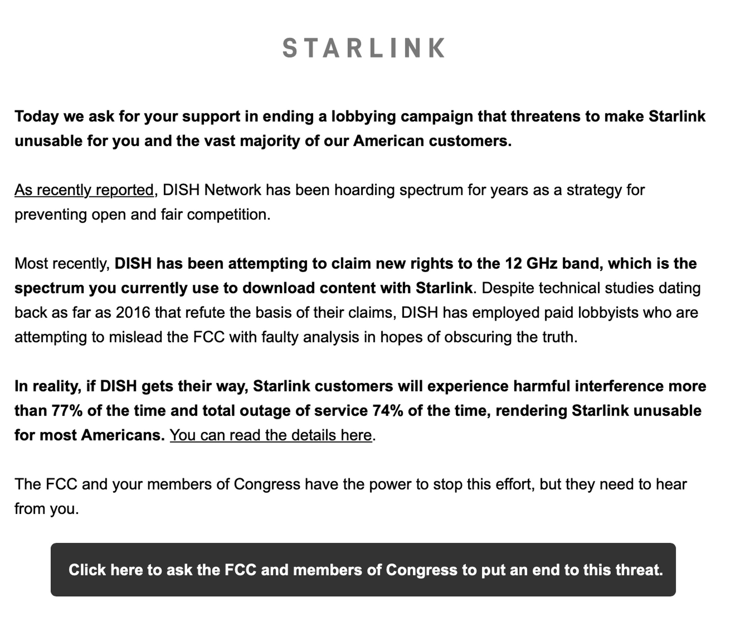 The email sent to Starlink users.