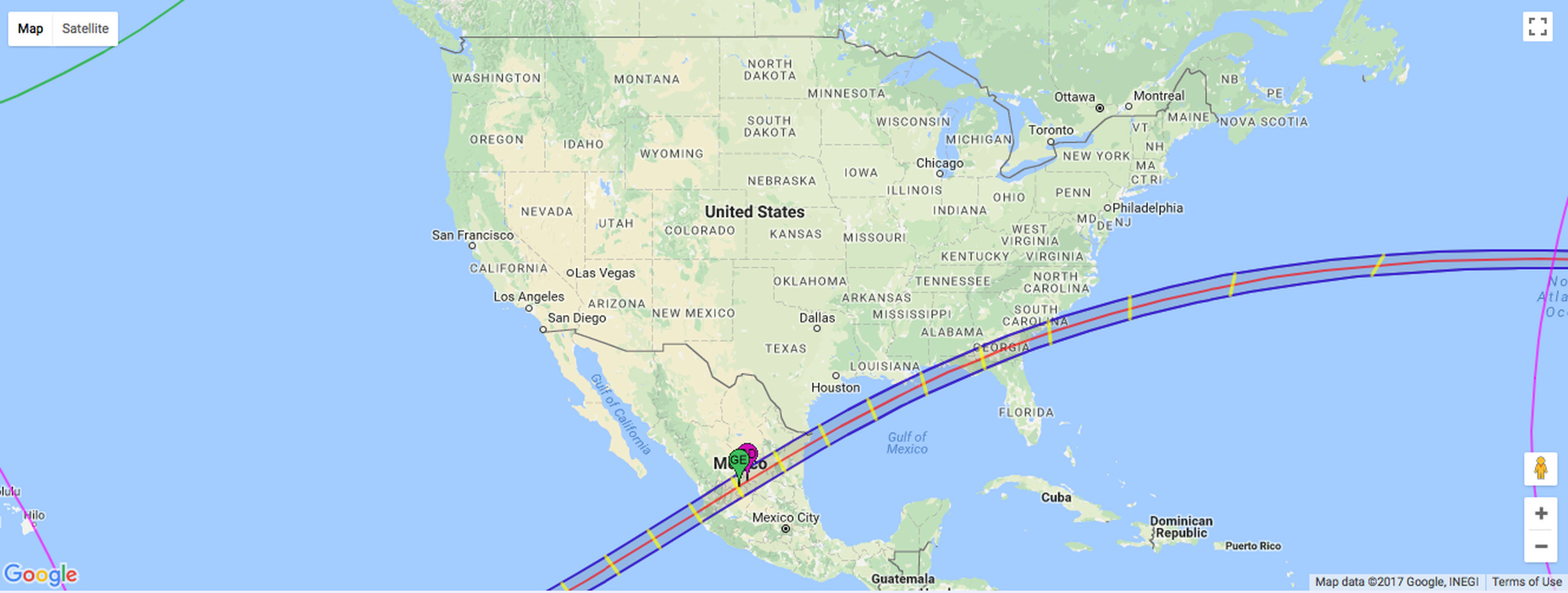 The path of totality for the March 30th, 2052 solar eclipse.