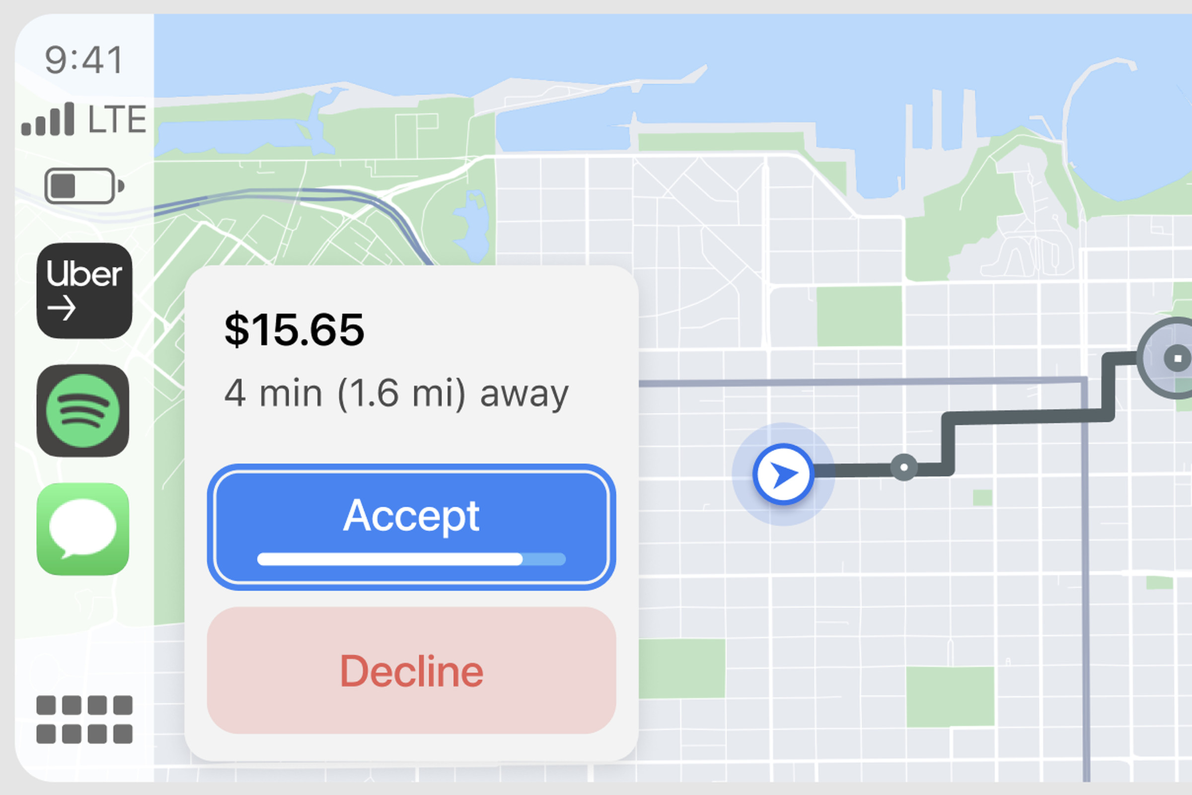 Screenshot of Apple CarPlay showing the Uber driver app. There’s Uber driver, Spotify, and messages app icons on the left sidebar. The screen shows a city map with a navigation line to a destination for a rider. $15.65, four minutes and 1.6 miles away, and a time bar to accept the rider or a decline button.