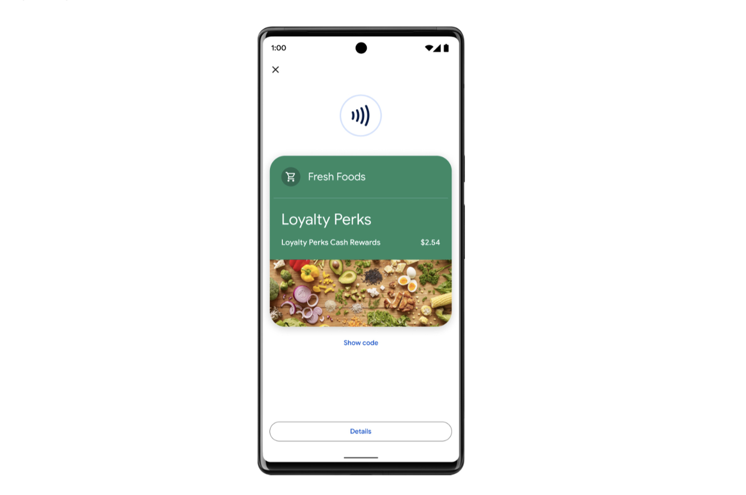 A phone featuring a loyalty rewards card to a grocery store