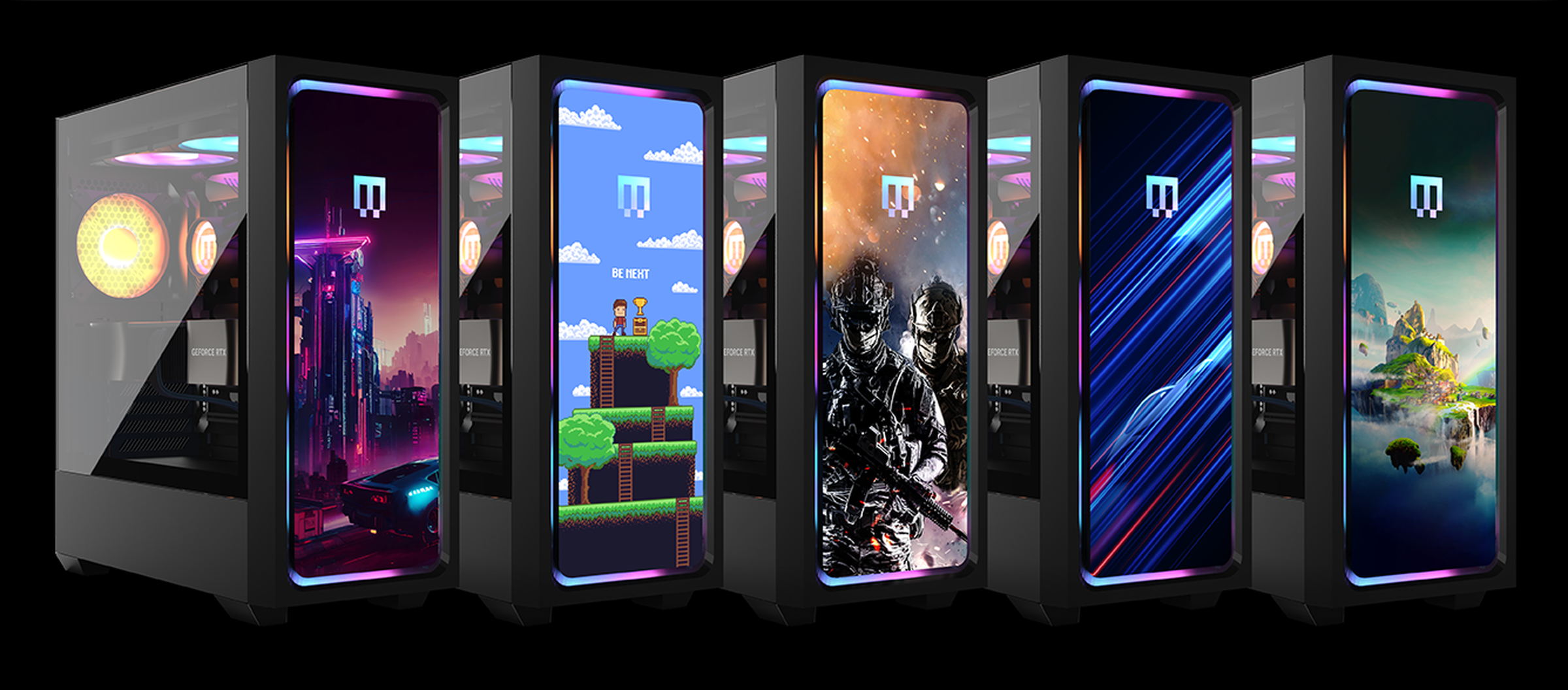 LED-backlit artwork glows bright from video game landscapes and cover art atop these swappable front panels.