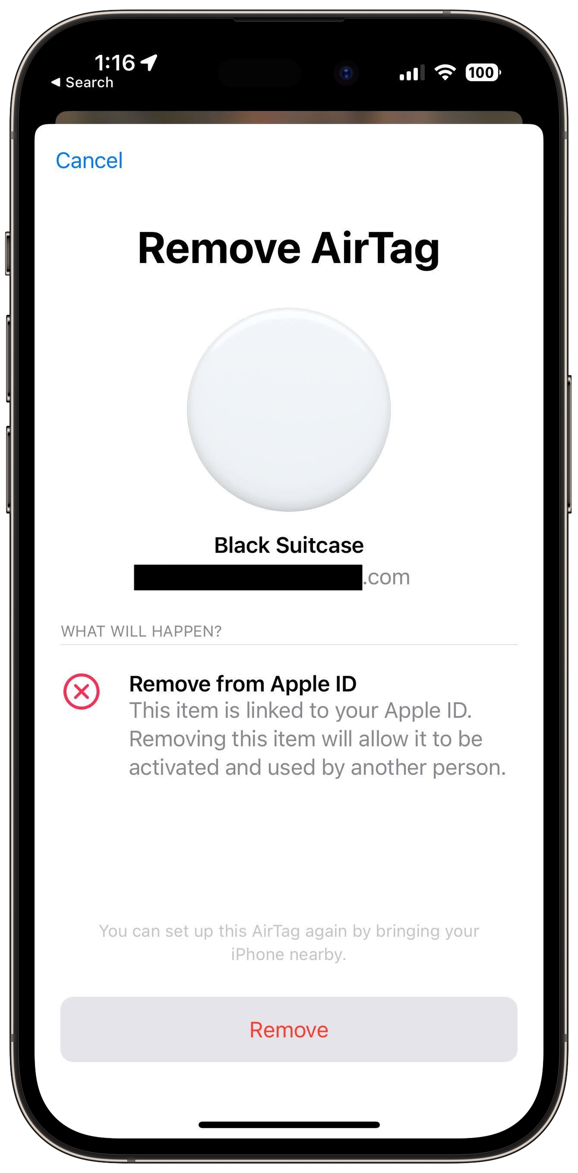 Screenshot of Apple’s “Remove AirTag” interface.