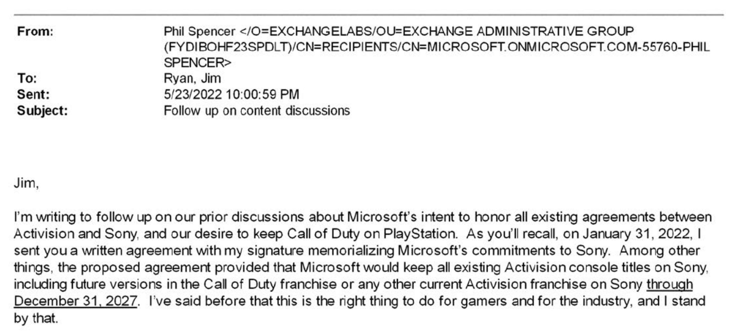 Part of an email from Xbox chief Phil Spencer mentioning Microsoft’s original Sony offer.