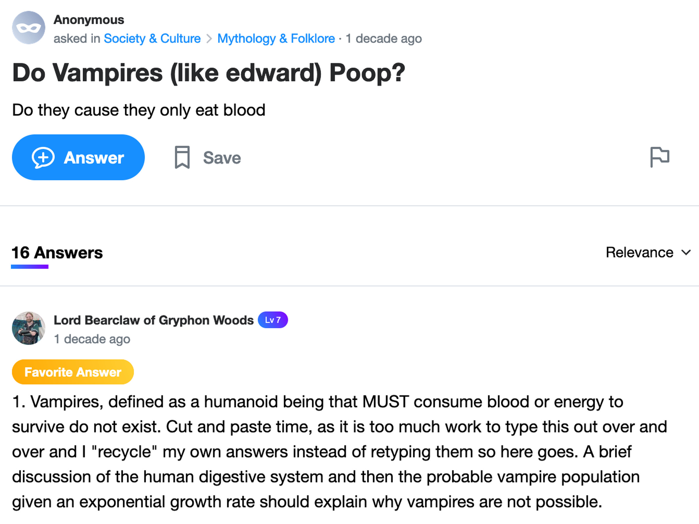 Yahoo Answers post: Do Vampires (like edward) Poop? Do they cause they only eat blood