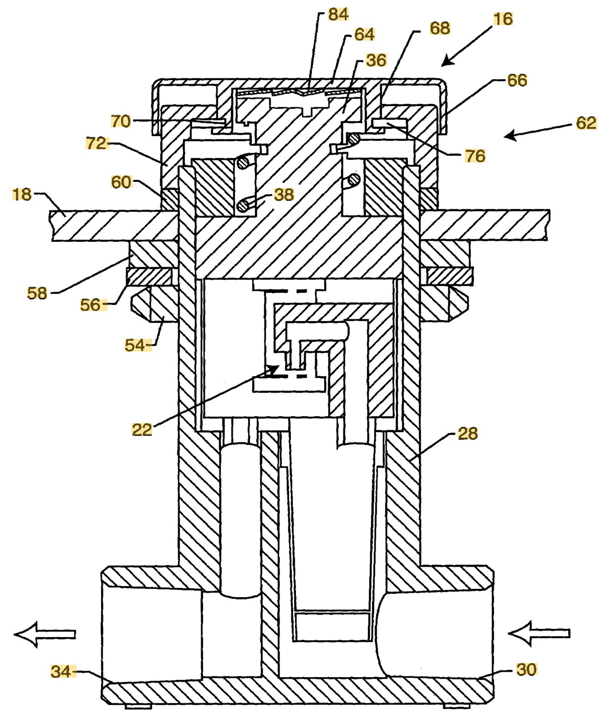 You push button 16, which unseals tiny spigot 22 that normally blocks water coming from inlet 30. It shoots around the bends and out through 34. When you release, 38 is the return spring that pushes the button back out.