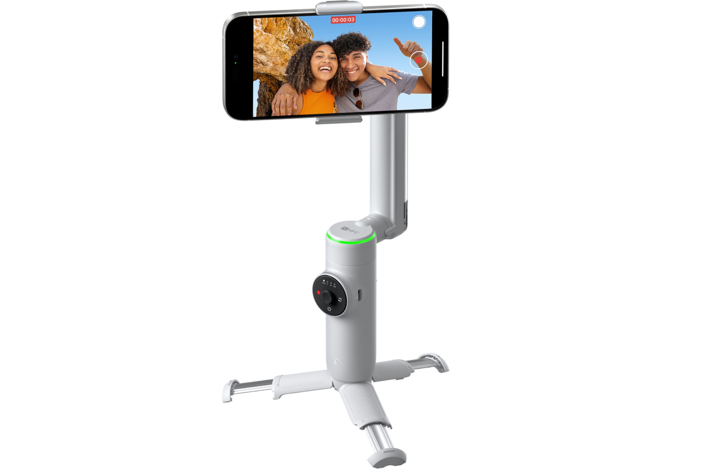 The Insta360 Flow Pro with its built-in tripod legs extended.