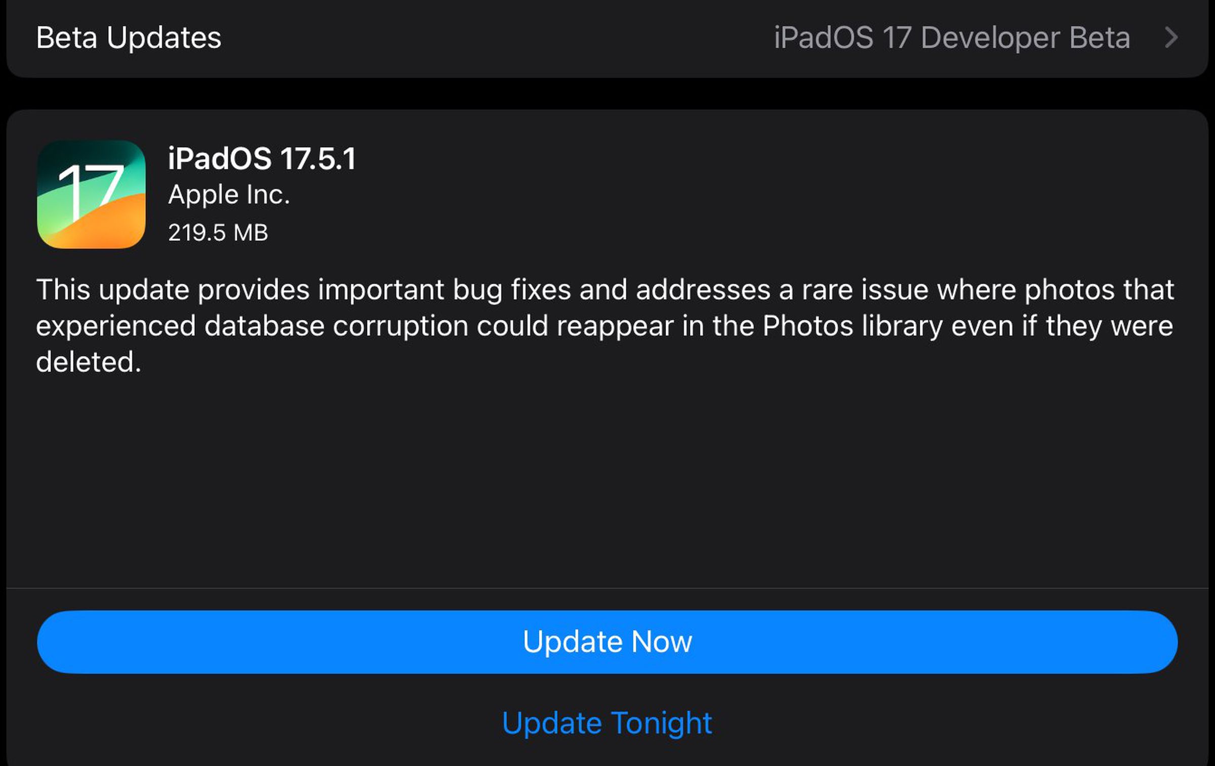 iPadOS 17.5.1 update note