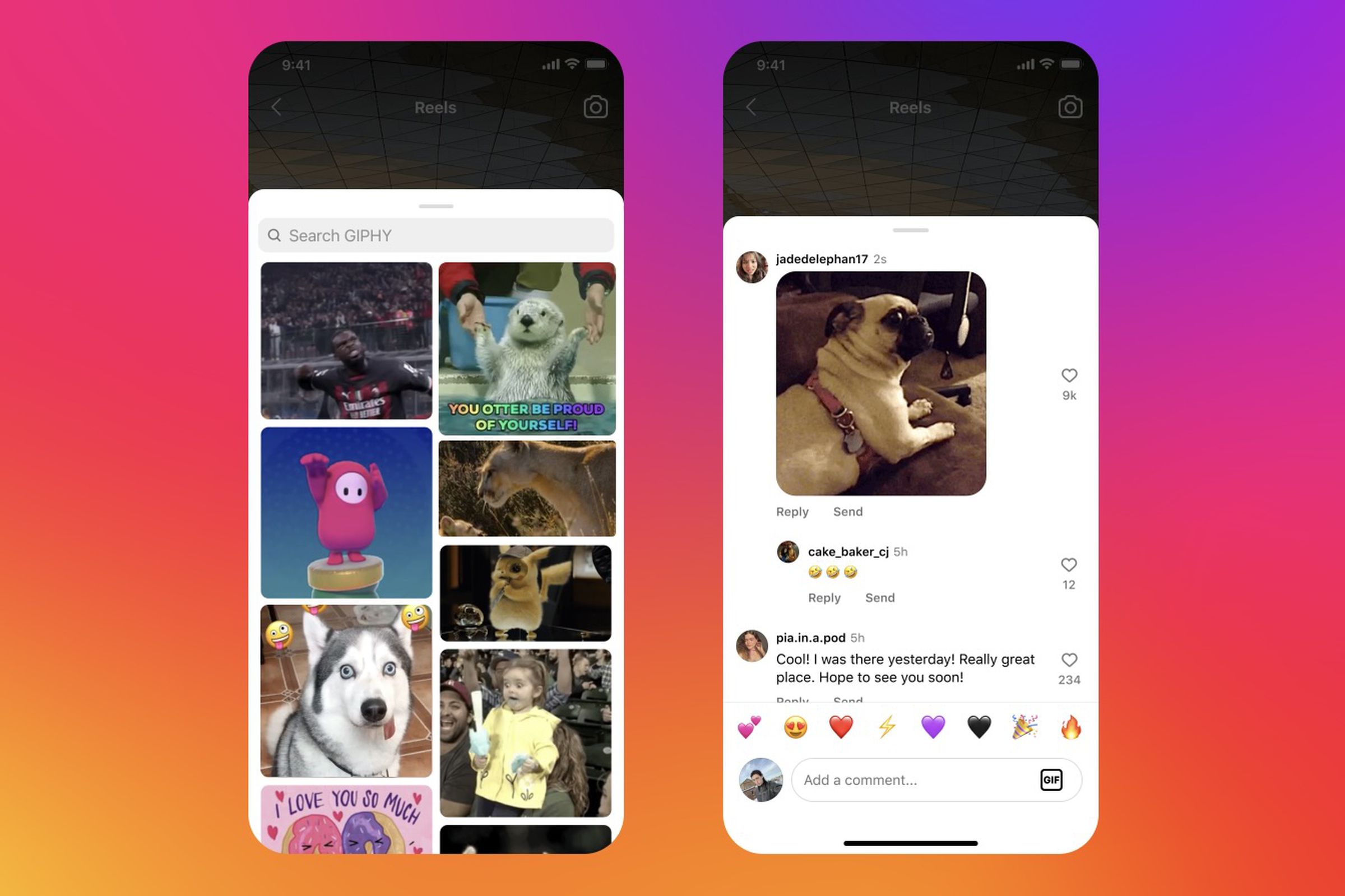 two iOS screenshots of instagram showing a grid of gif selections in a new giphy window and a comment section that now allows for gifs
