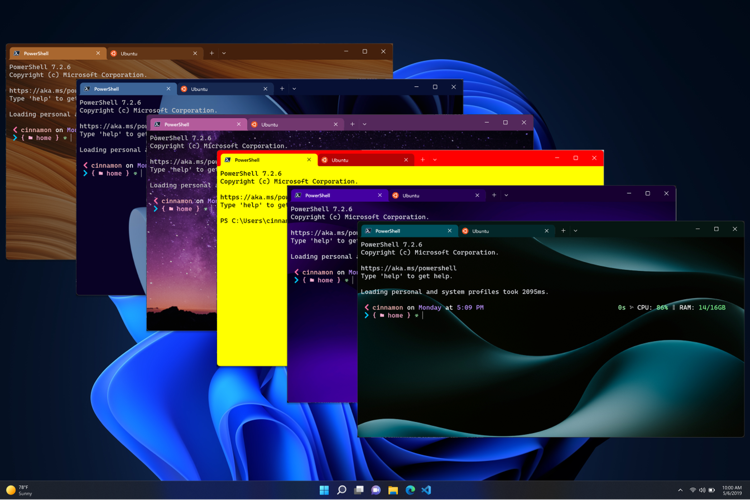 A screenshot of different themes and colors for the Windows Terminal