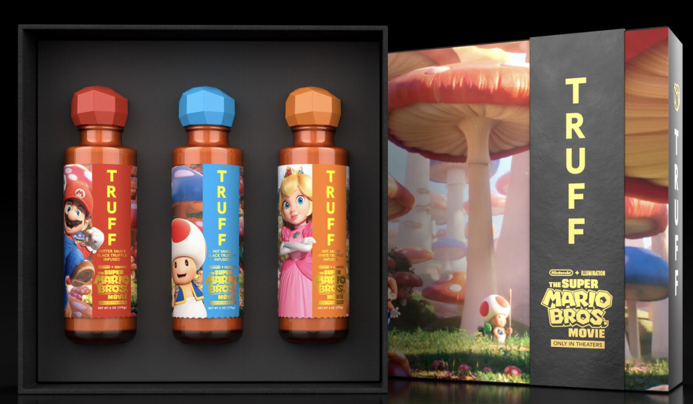 Three bottles of hot sauce that are topped with caps resembling the mushrooms in the Mario games.