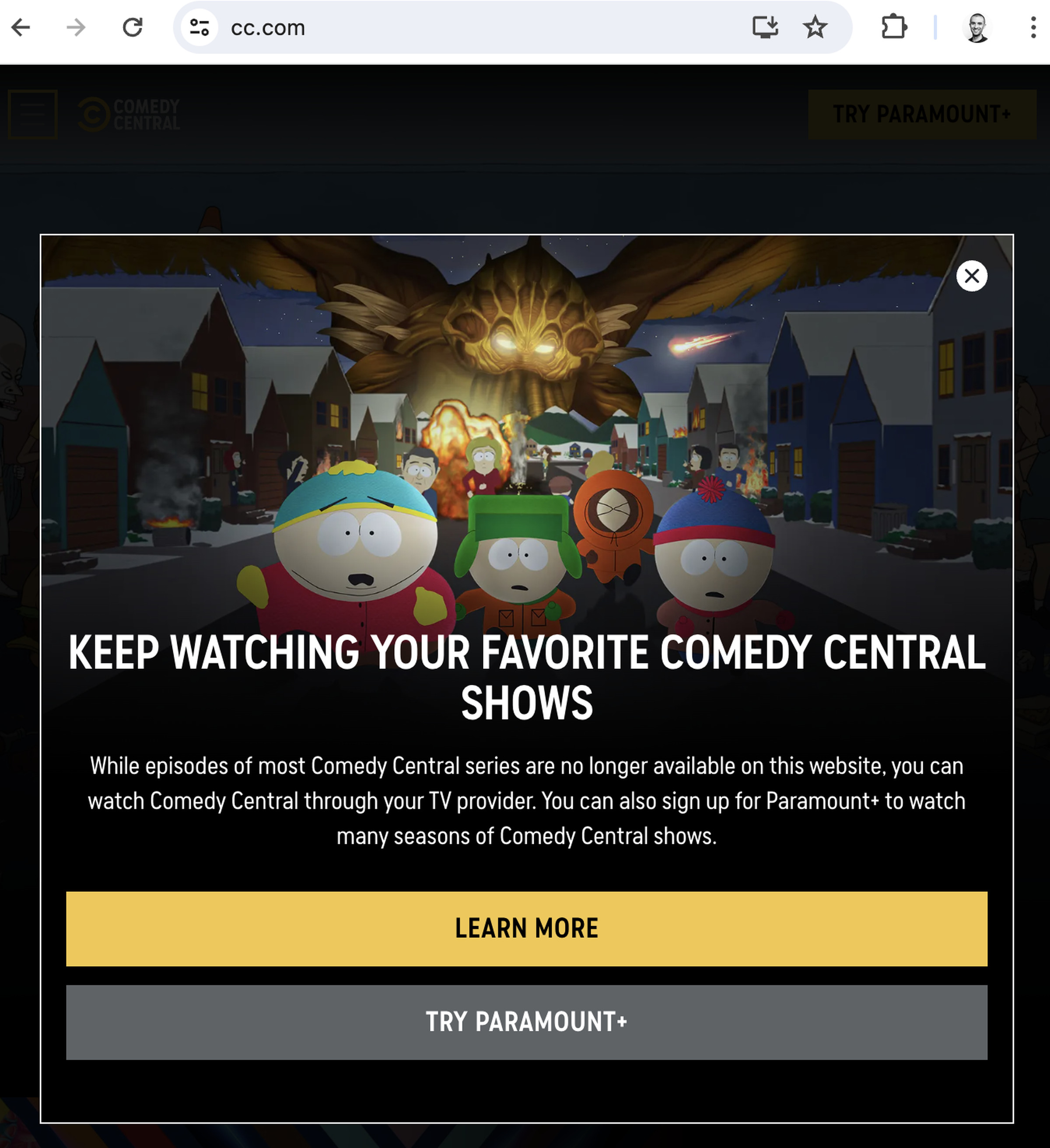 A screenshot of a notice on Comedy Central’s website.