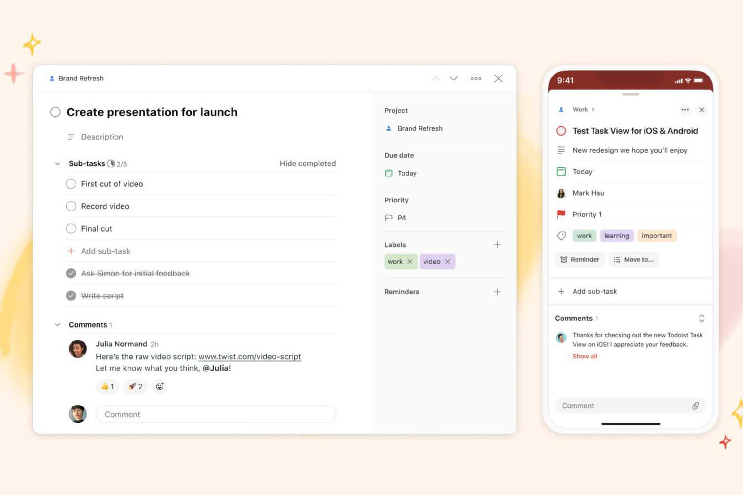 Screenshots of Todoist's desktop and mobile interfaces.