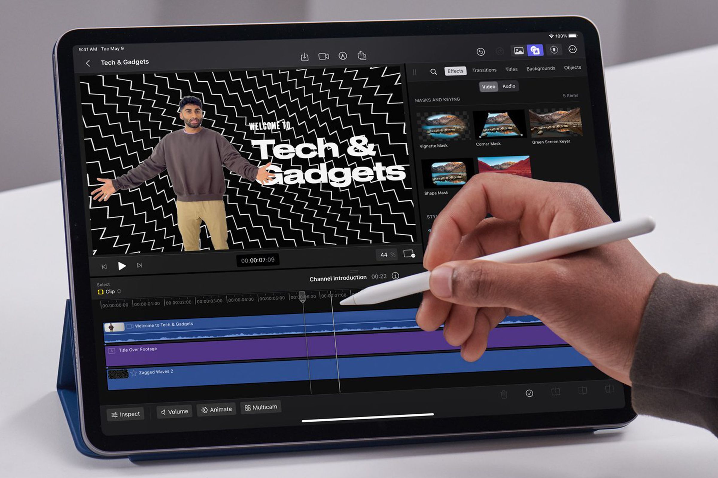 An image showing someone using an Apple Pencil on Final Cut Pro for iPad