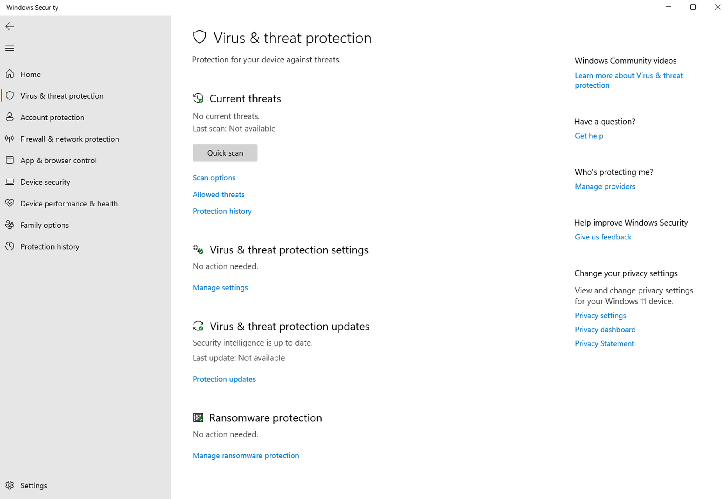 Windows Security’s built-in virus and threat protection feature.