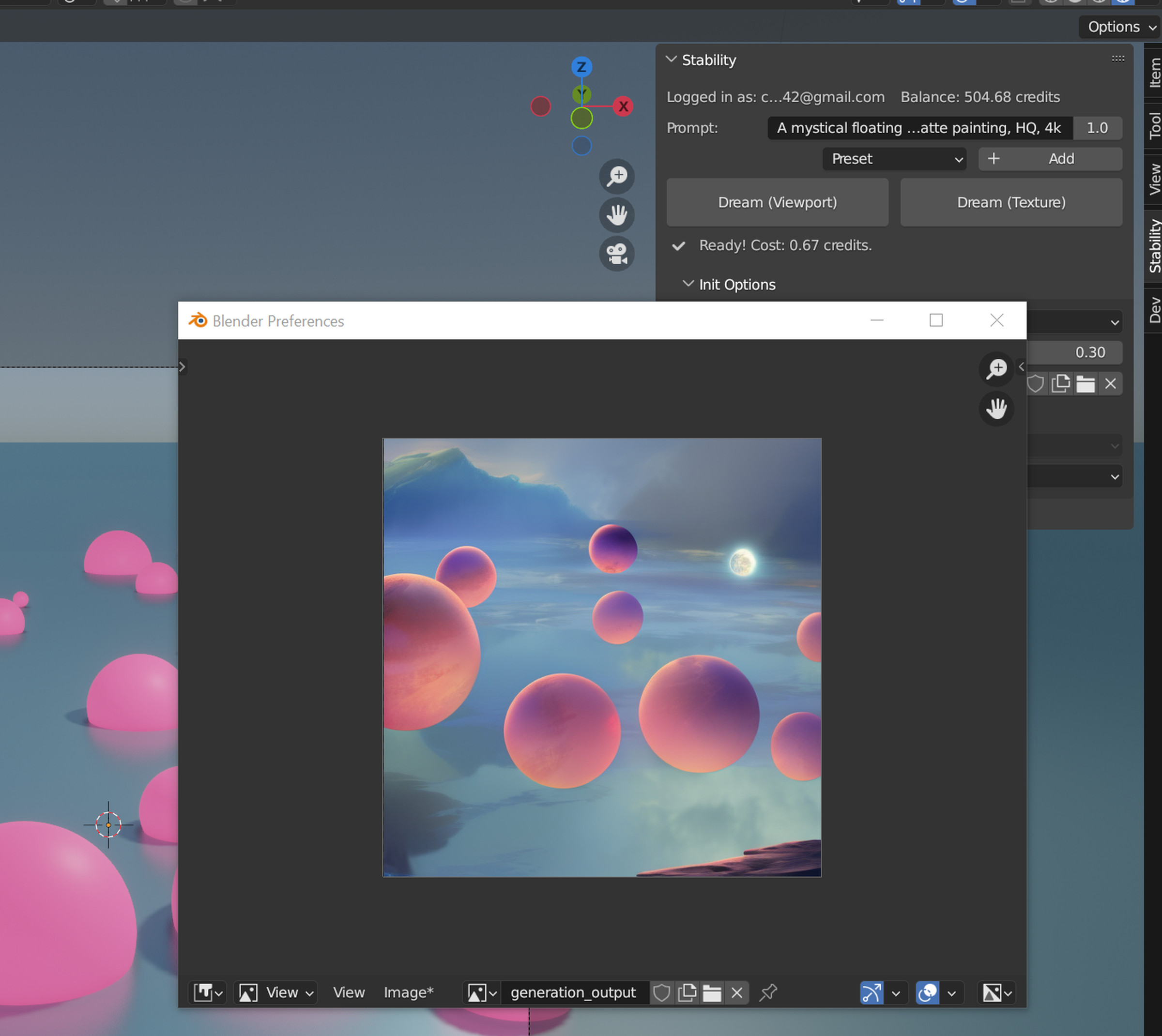 A screenshot of the Stability for Blender plugin generating an image of pink orbs based on an existing model render.