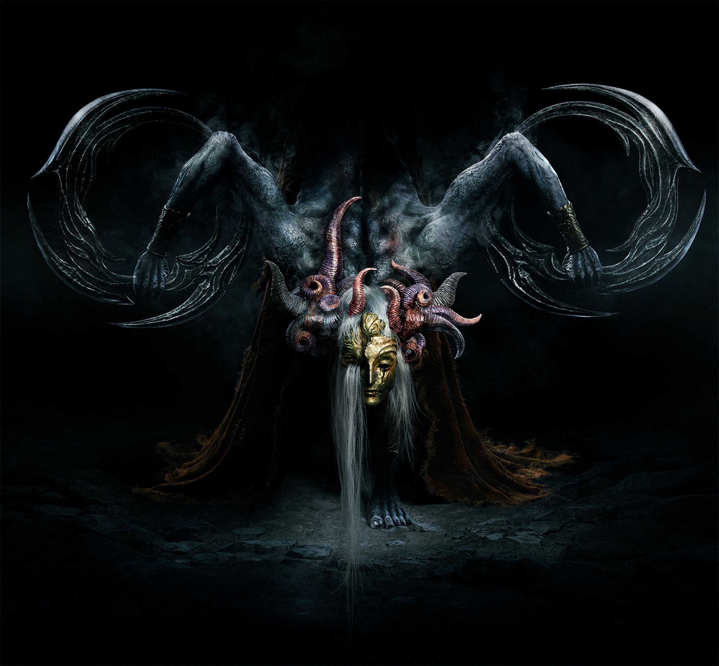 Image of a monster from Shadow of the Erdtree featuring a feminine looking monster in a gold mask wielding circular blades hunched in a position to resemble a uterus.