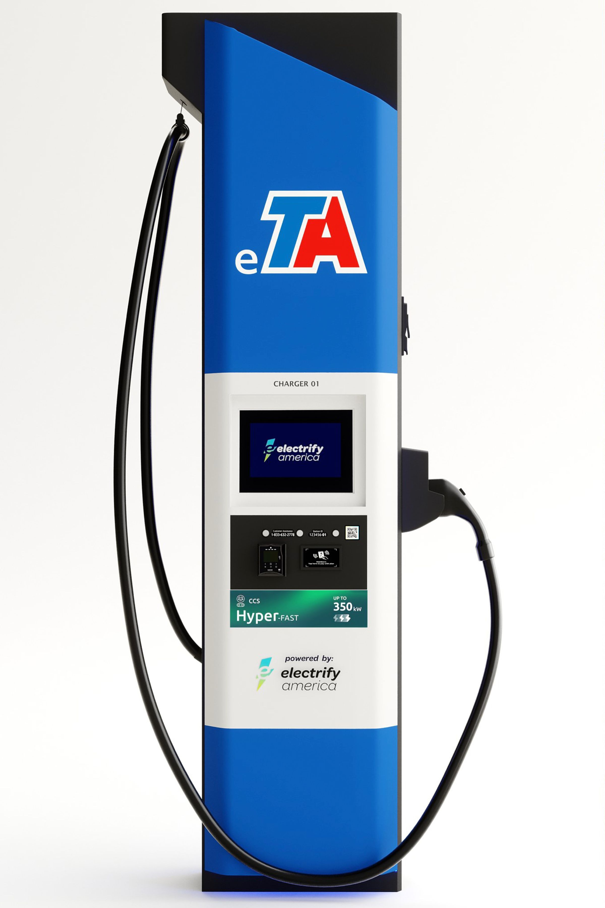 TA is putting its logo at the top of Electrify America’s latest fast charging hardware.