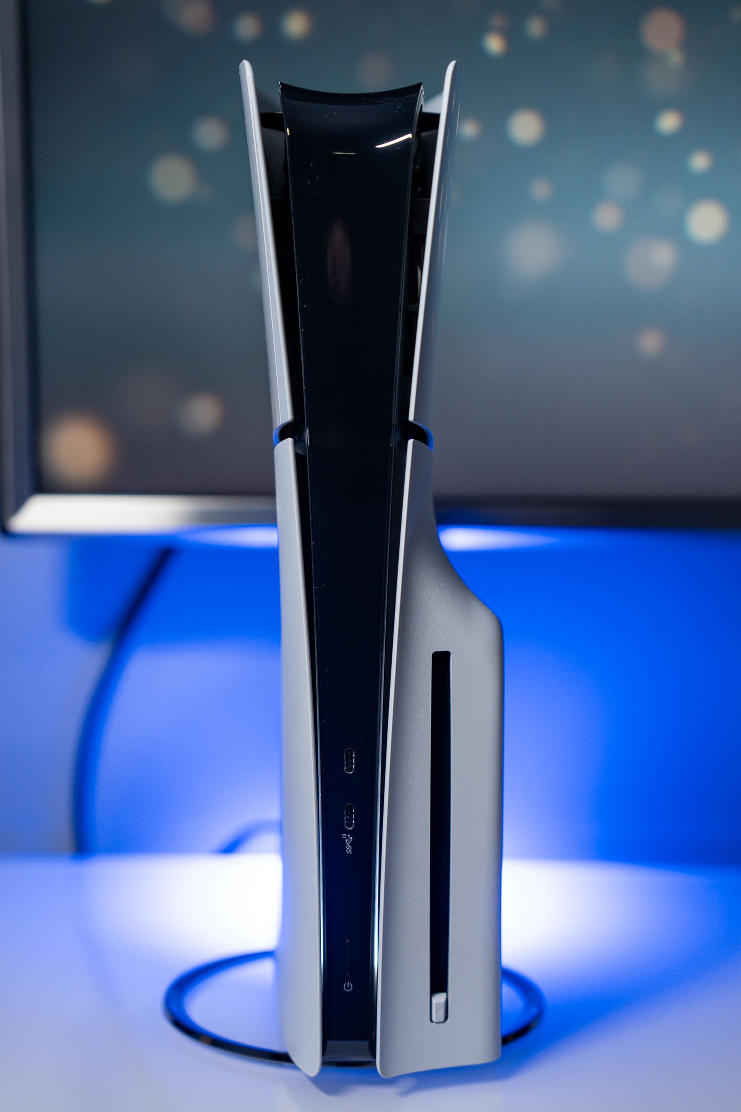 <em>Like the original PlayStation 5, the new model looks better stood up vertically — which now costs $29.99 if you want a proper stand.</em>