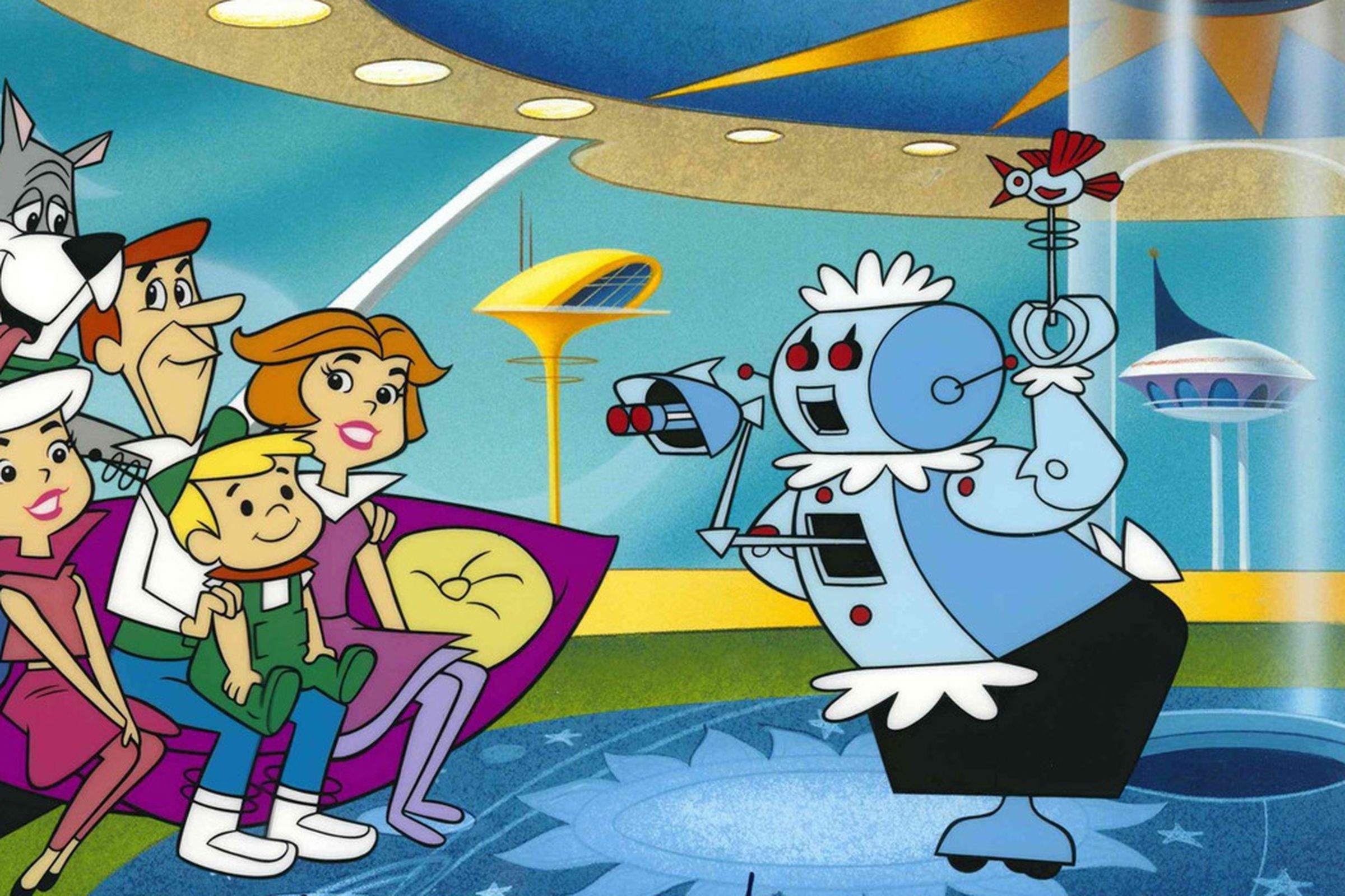 Cartoon image of a robot housekeeper with its family of humans.