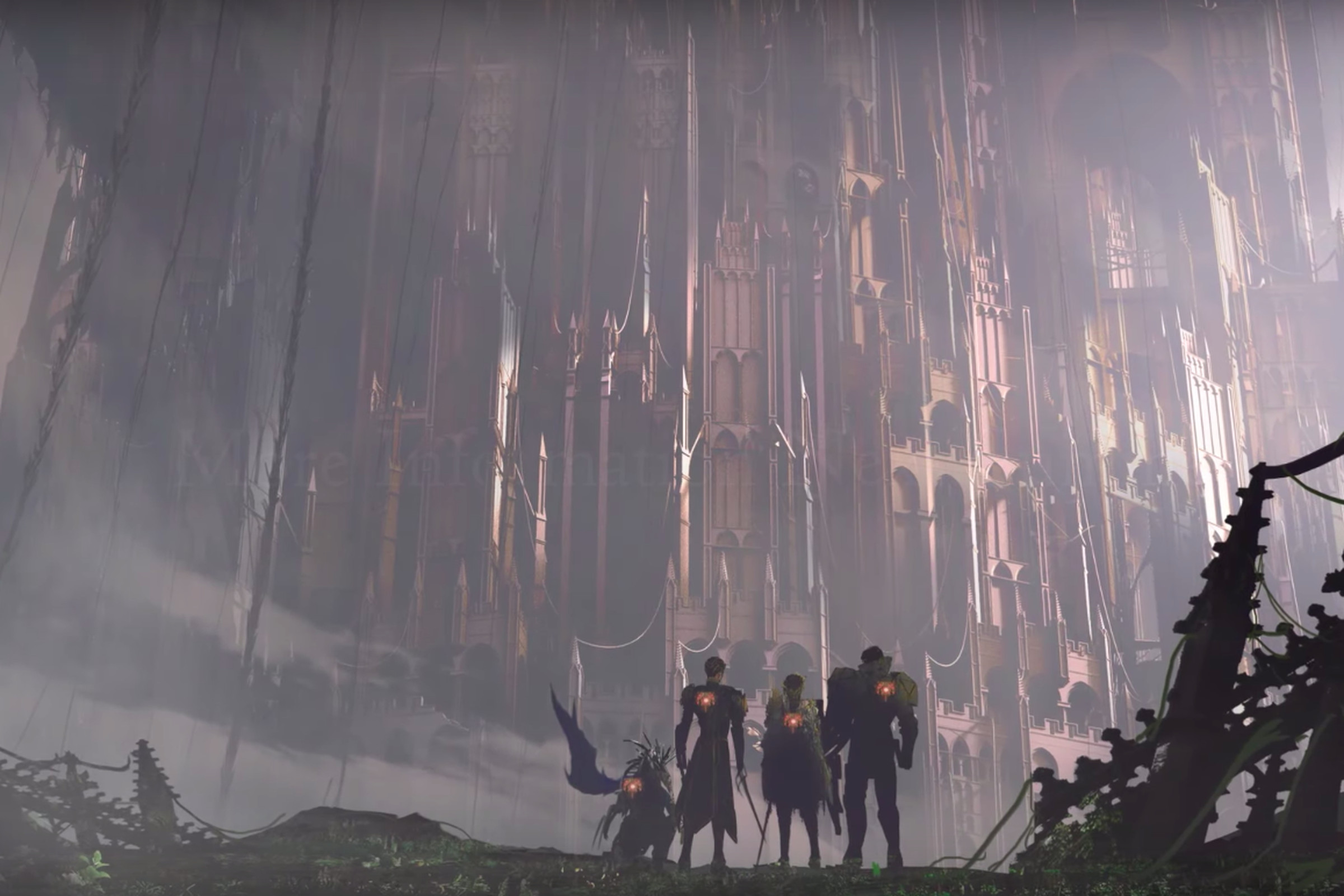 Screenshot from Babylon’s Fall with heroes standing in the foreground in front of a tall looming structure