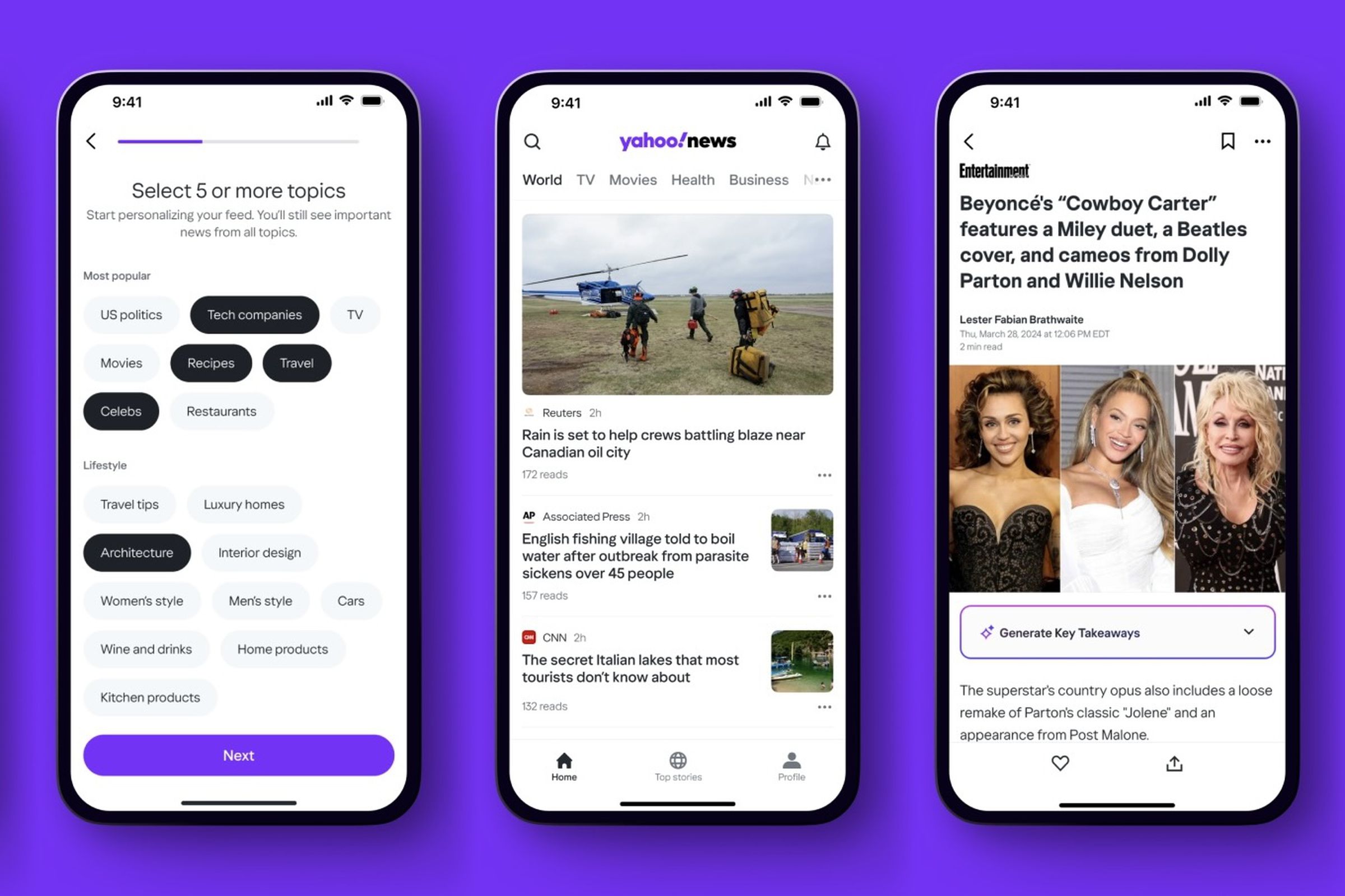 Three screenshots of Yahoo News app, first showing topics to personalize, then news feed, then a Beyonce story with a button to summarize it.