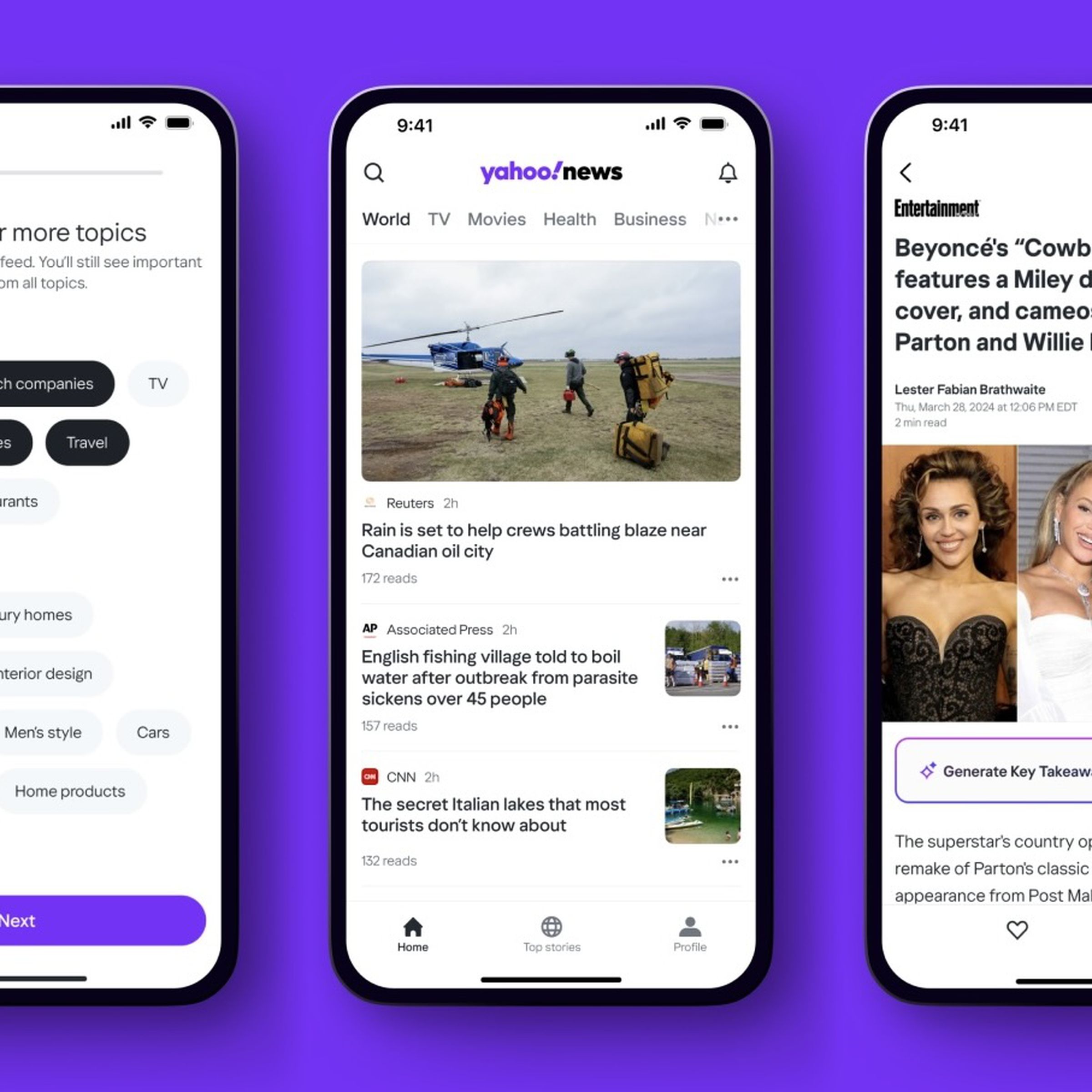 Three screenshots of Yahoo News app, first showing topics to personalize, then news feed, then a Beyonce story with a button to summarize it.
