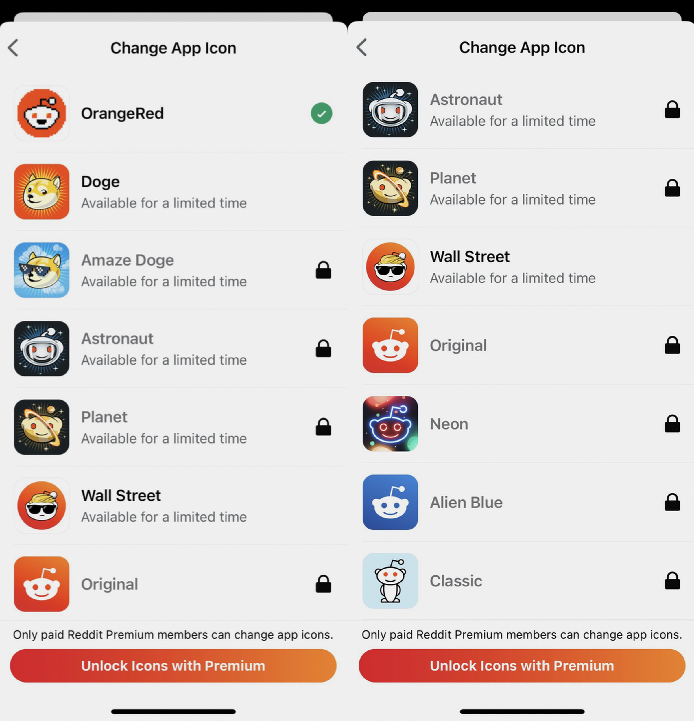 A screenshot of the app icon choices available in Reddit’s iOS app.
