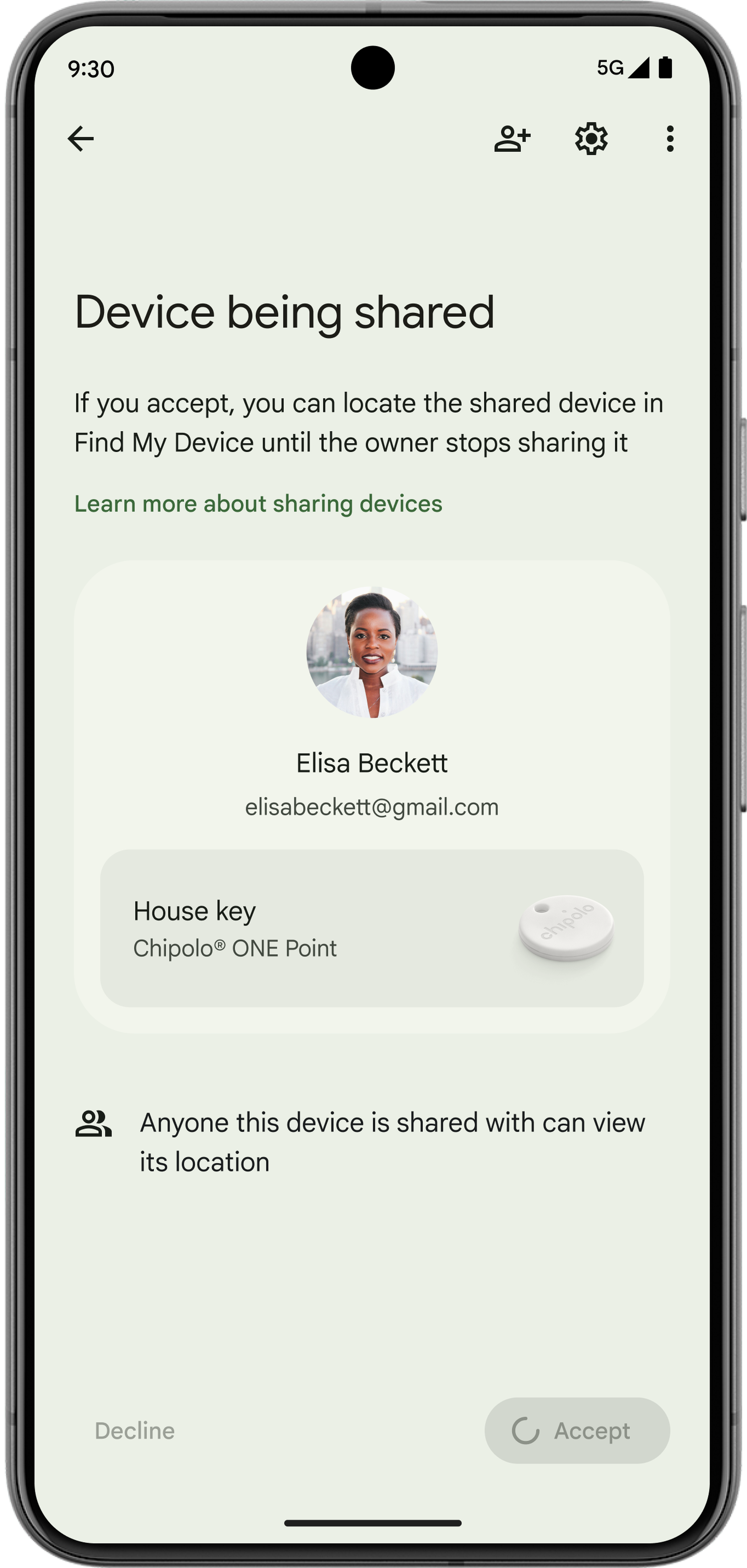 Screenshot showing sharing options on Find My Device app.