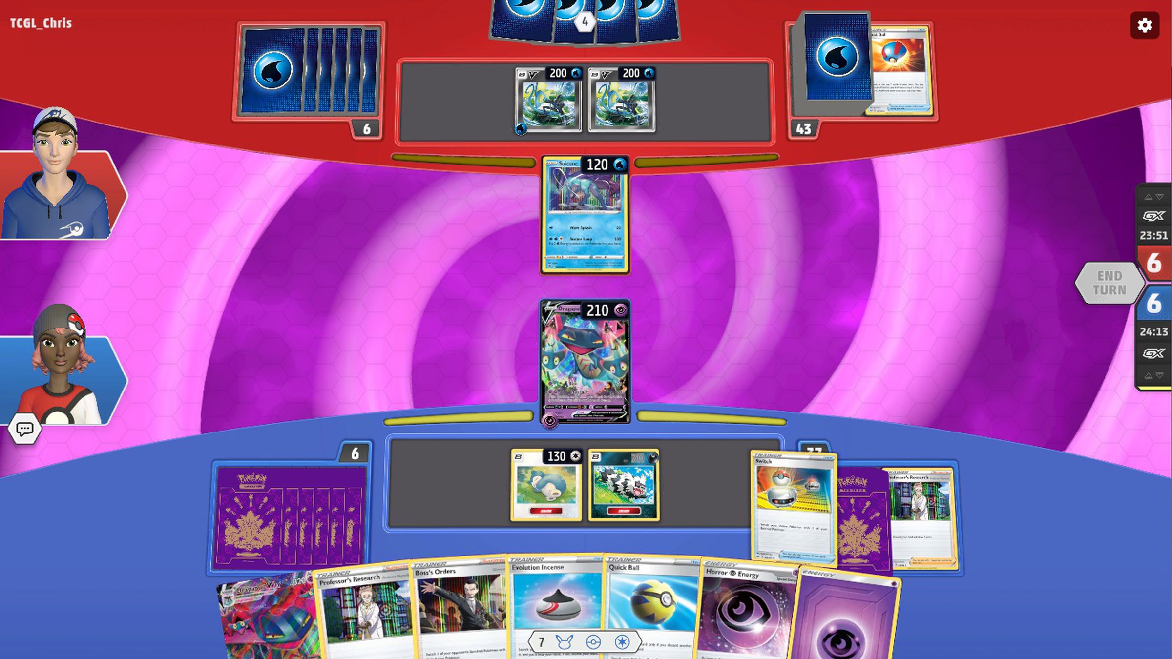 An assortment of digital Pokémon trading cards arranged on a virtual play mat during a match.