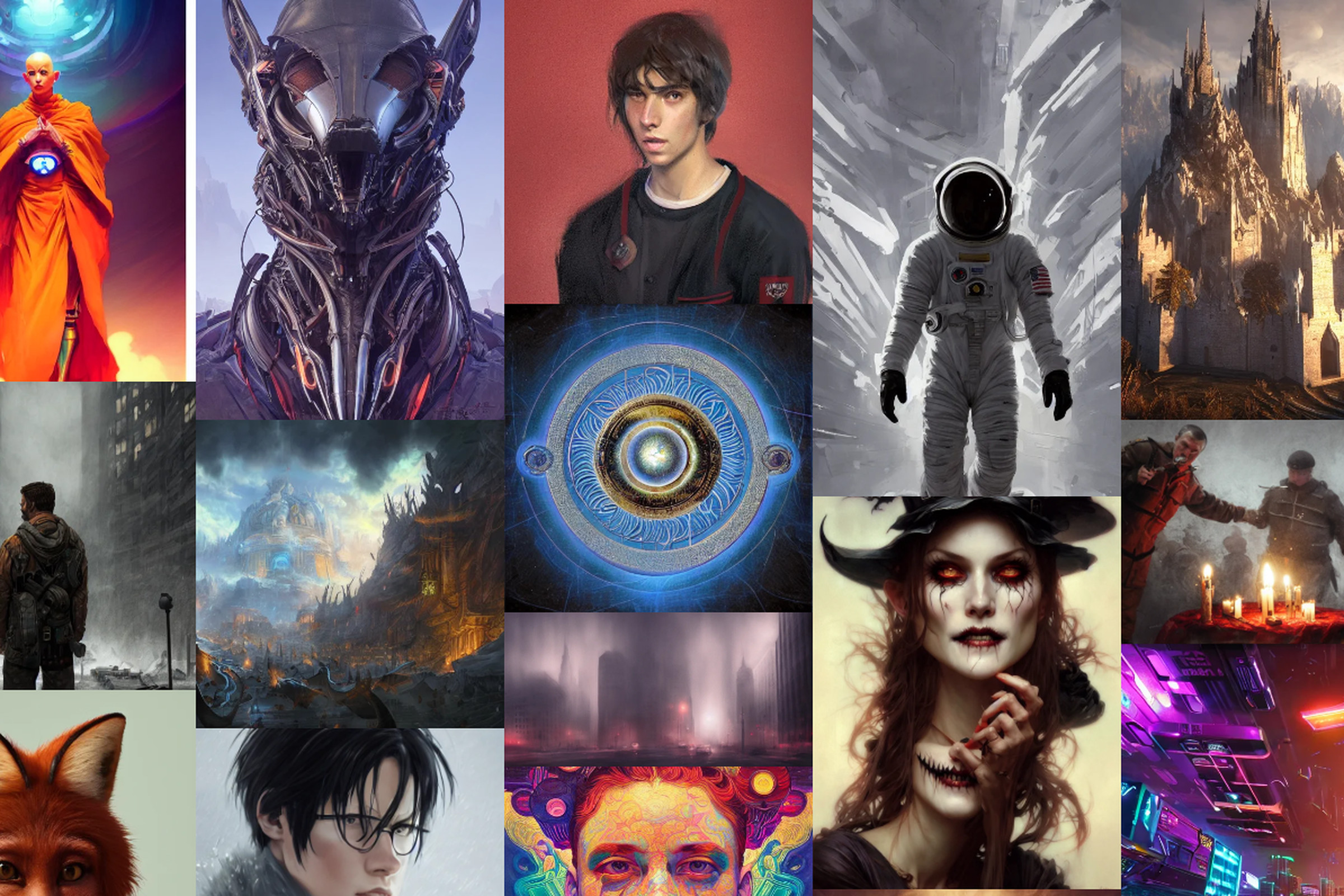 A collage of AI-generated images, including portraits of robots and astronauts; images of castles and occult symbols.