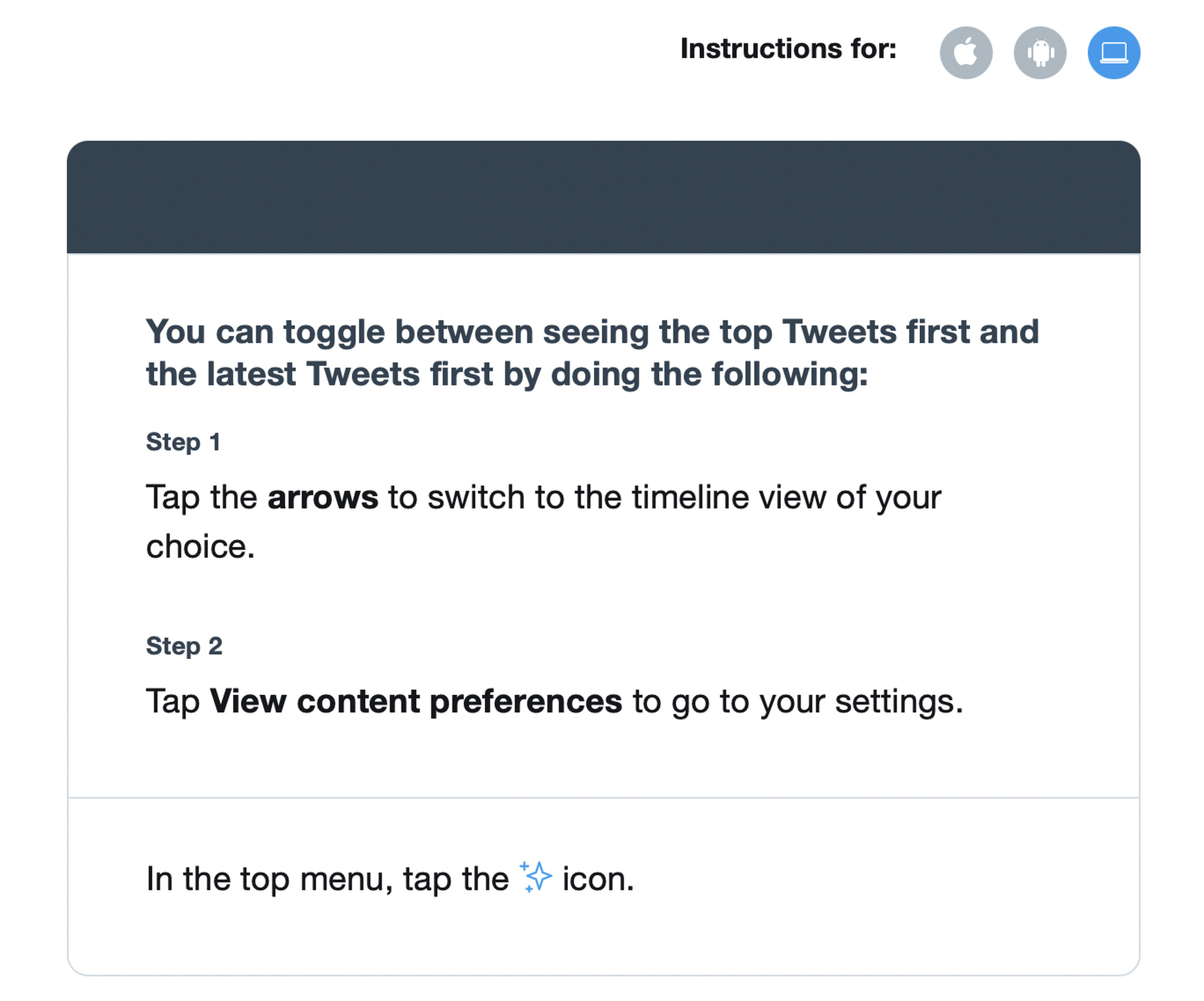 Twitter’s instructions for changing your timeline direction on web, Android, and iOS.