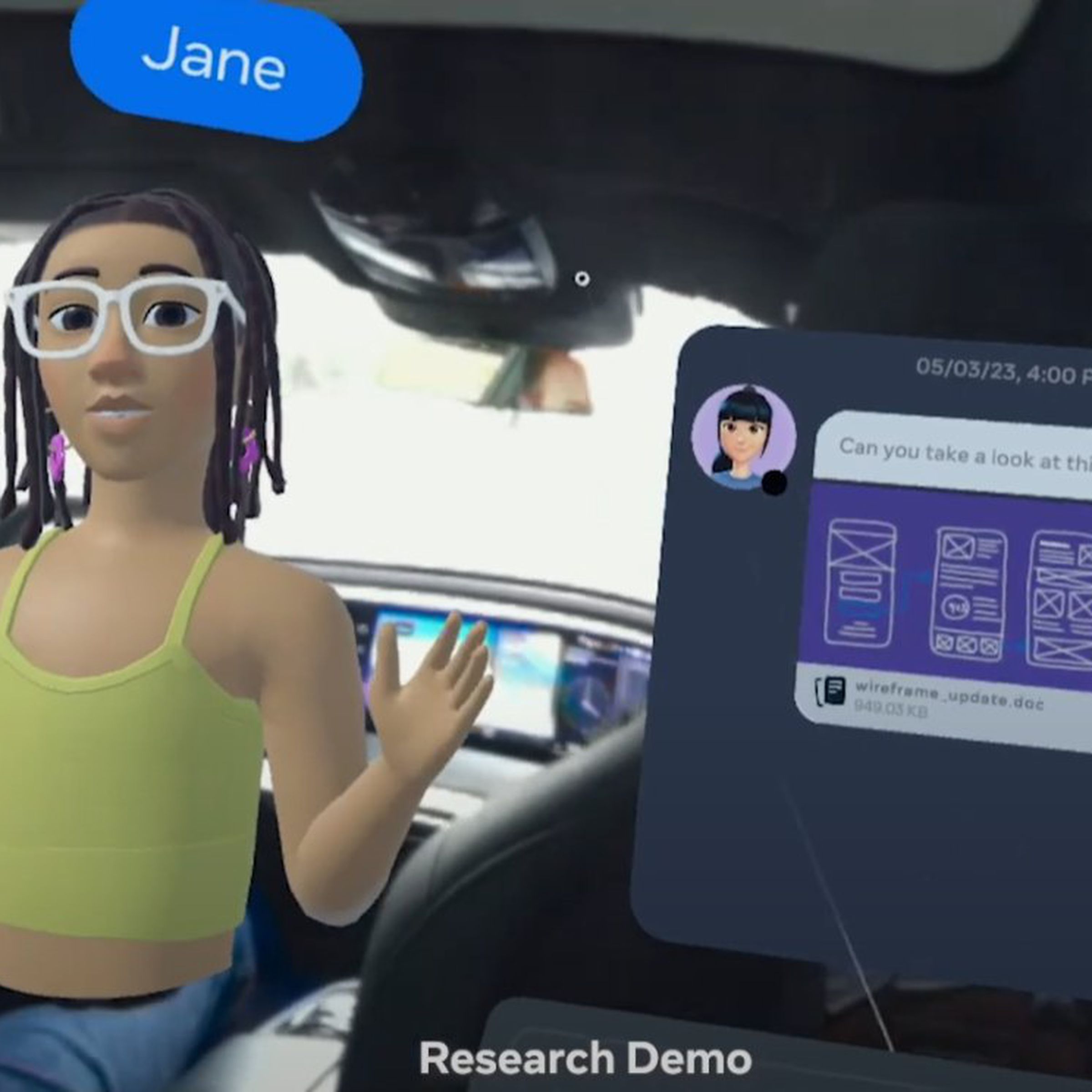 An image showing a mixed reality interface projected in front of a person riding in the backset of a BMW, with an avatar labeled “Jane” pointing at a message from a work chat asking the viewer to look at this update.