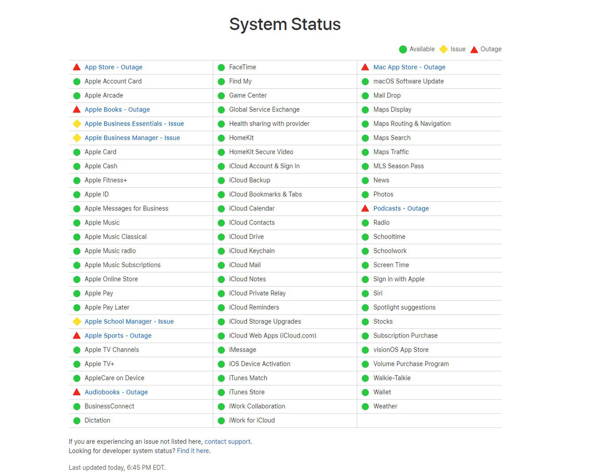 여러 서비스에 대한 빨간색 중단 플래그를 보여주는 Apple 시스템 상태 페이지의 스크린샷.