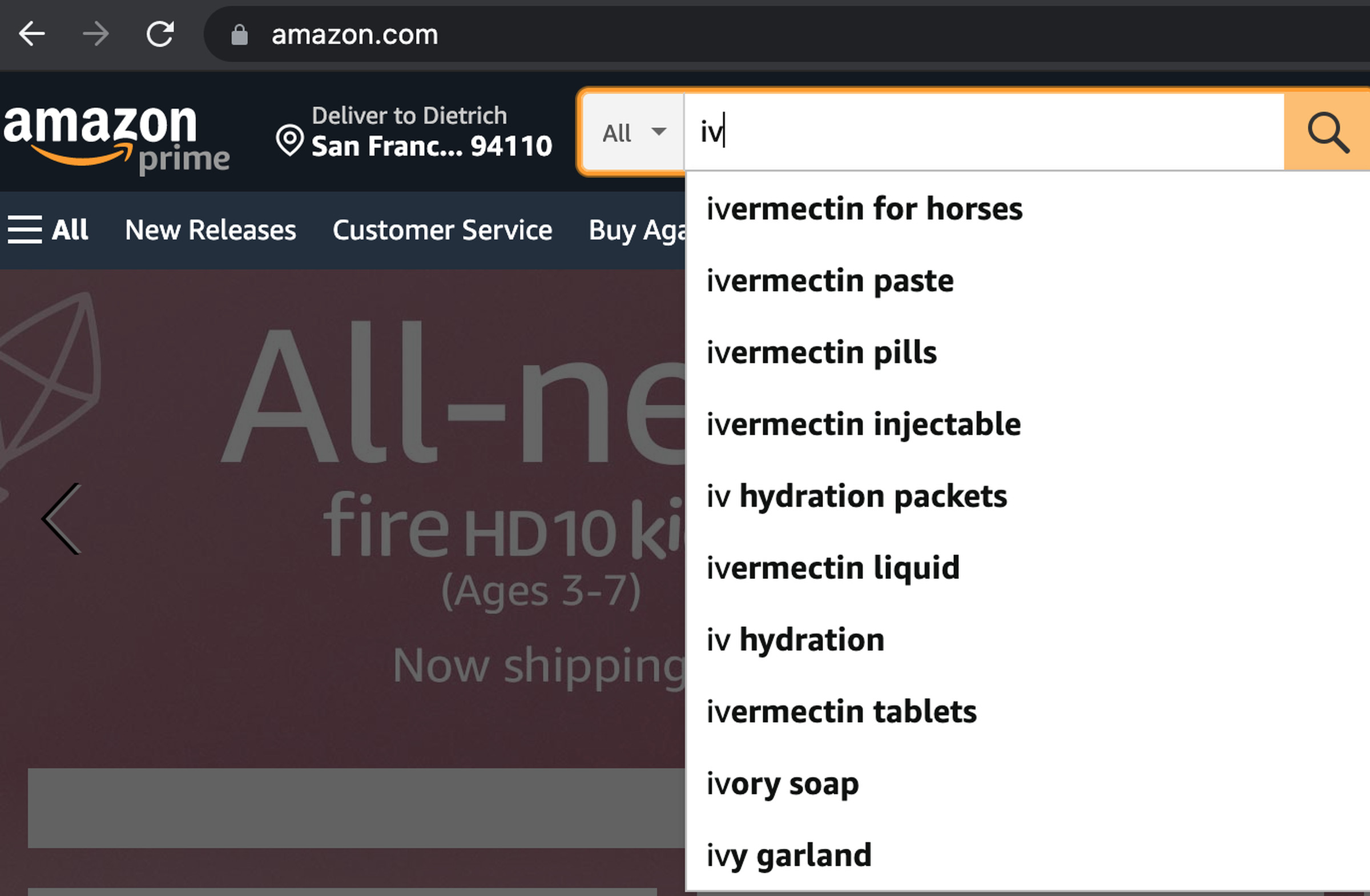 Autocomplete results on Amazon for “iv” showing ivermectin.