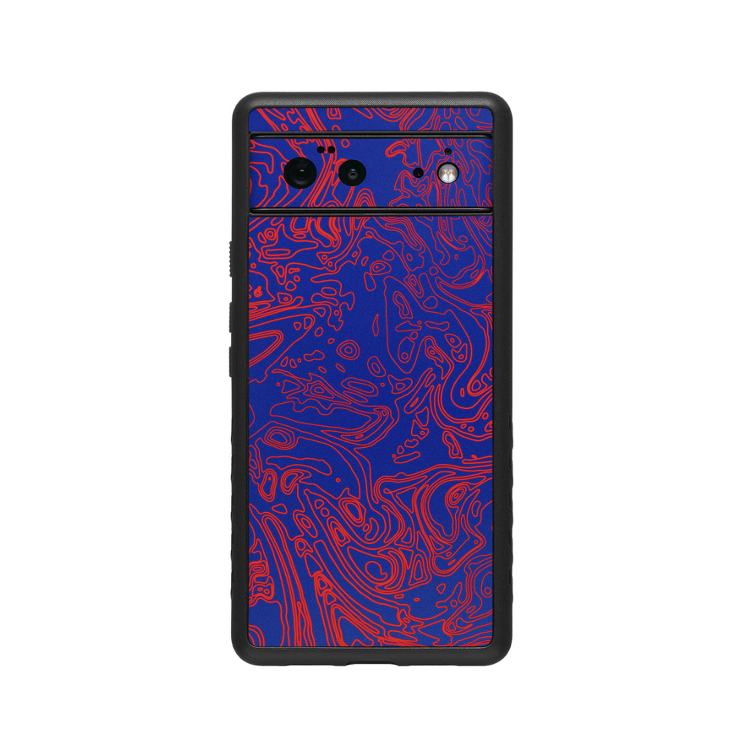 Back of Pixel 6 with blue background and purple squiggly lines.
