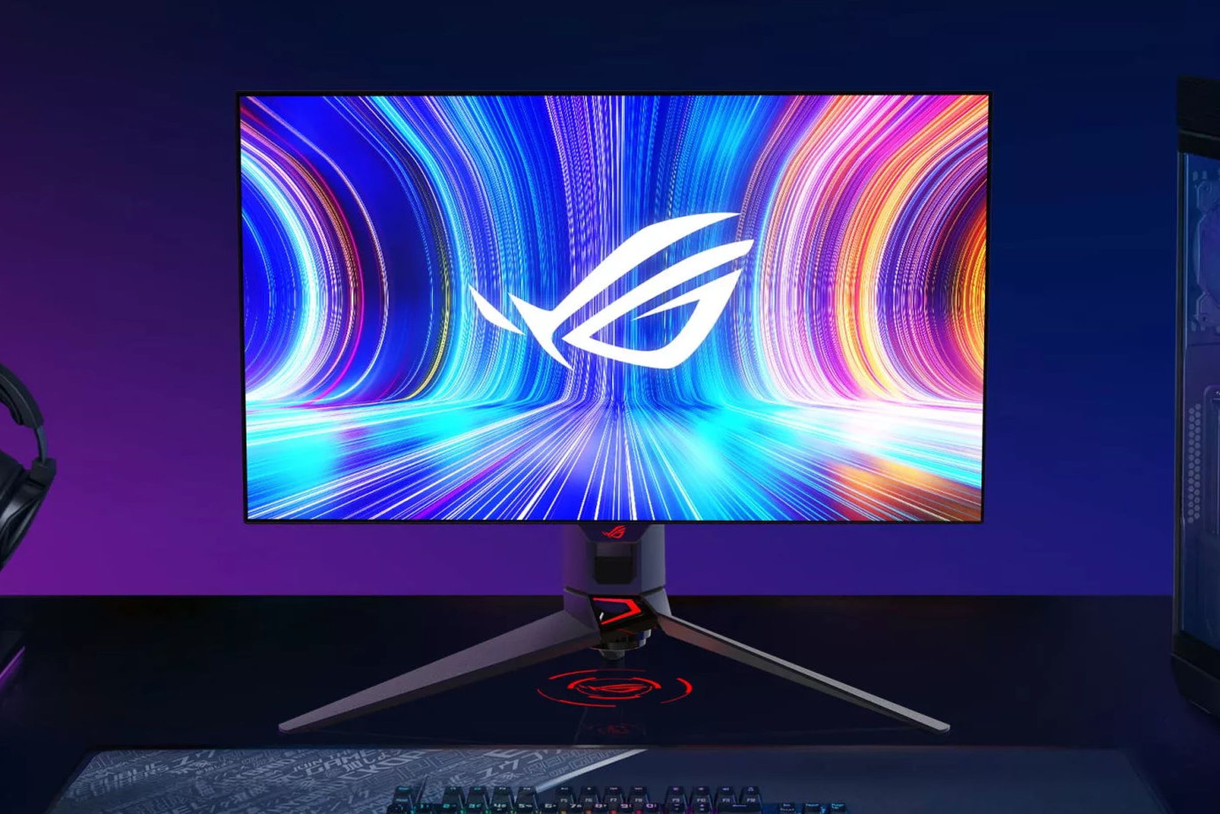 This photo shows the front of the Asus ROG Swift PG27AQDM OLED gaming monitor.