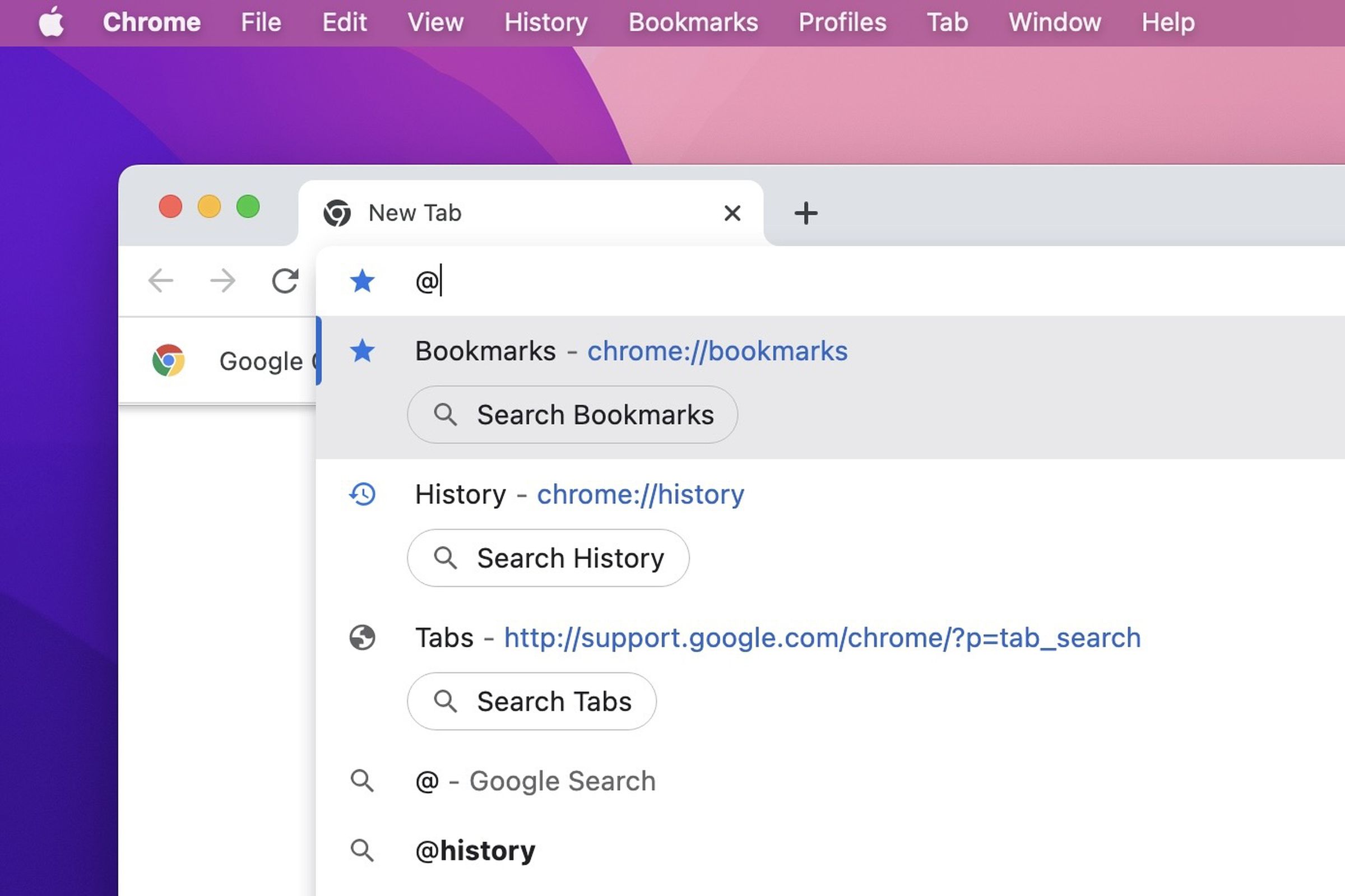 Typing an “@” in the address bar prompts you to select Bookmarks, History, or Tabs to search through.