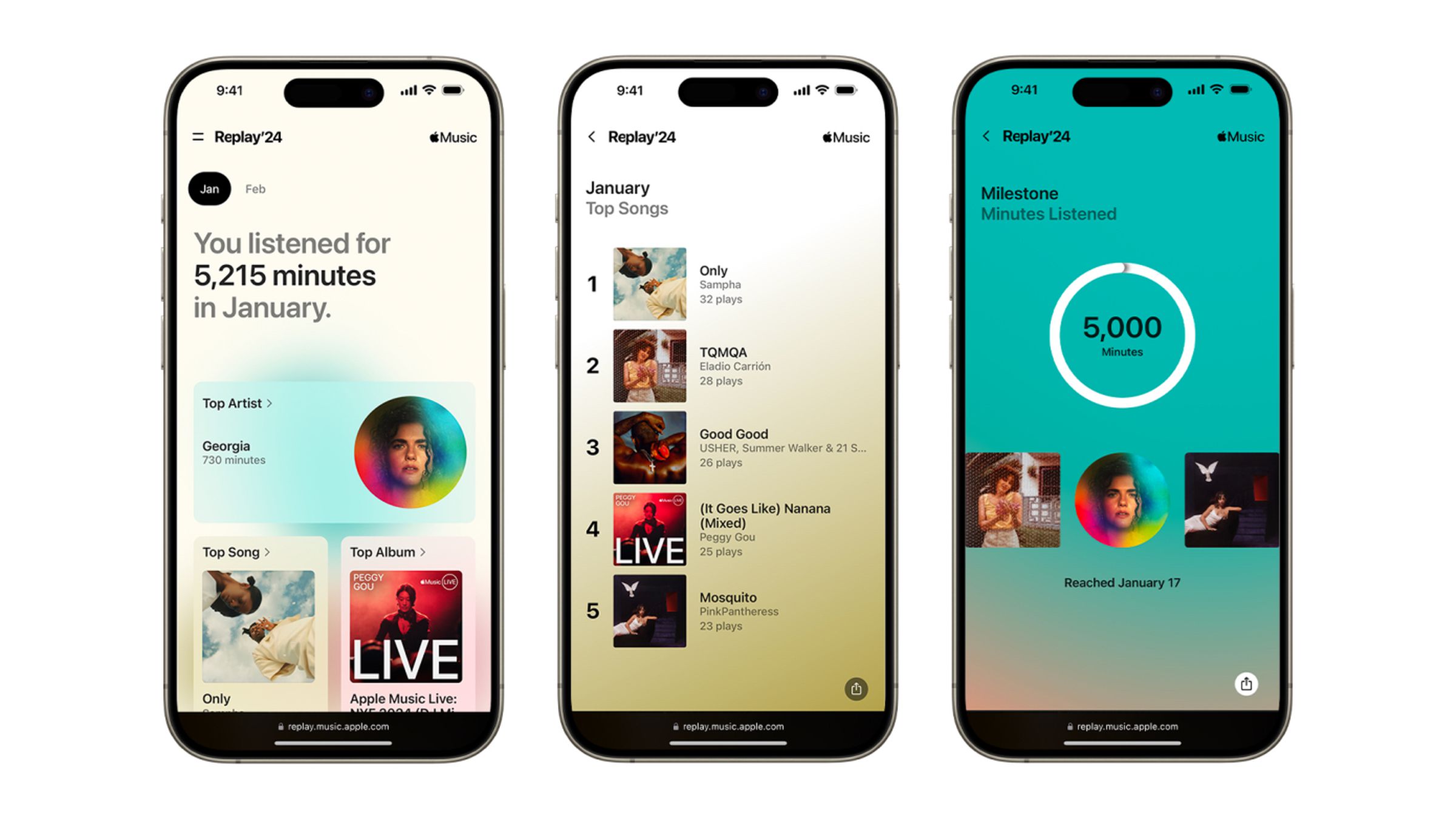 Three simulated screenshots showing the monthly Apple Music Replay recap screens on iPhones with total minutes listened, top songs, and milestone achievements.