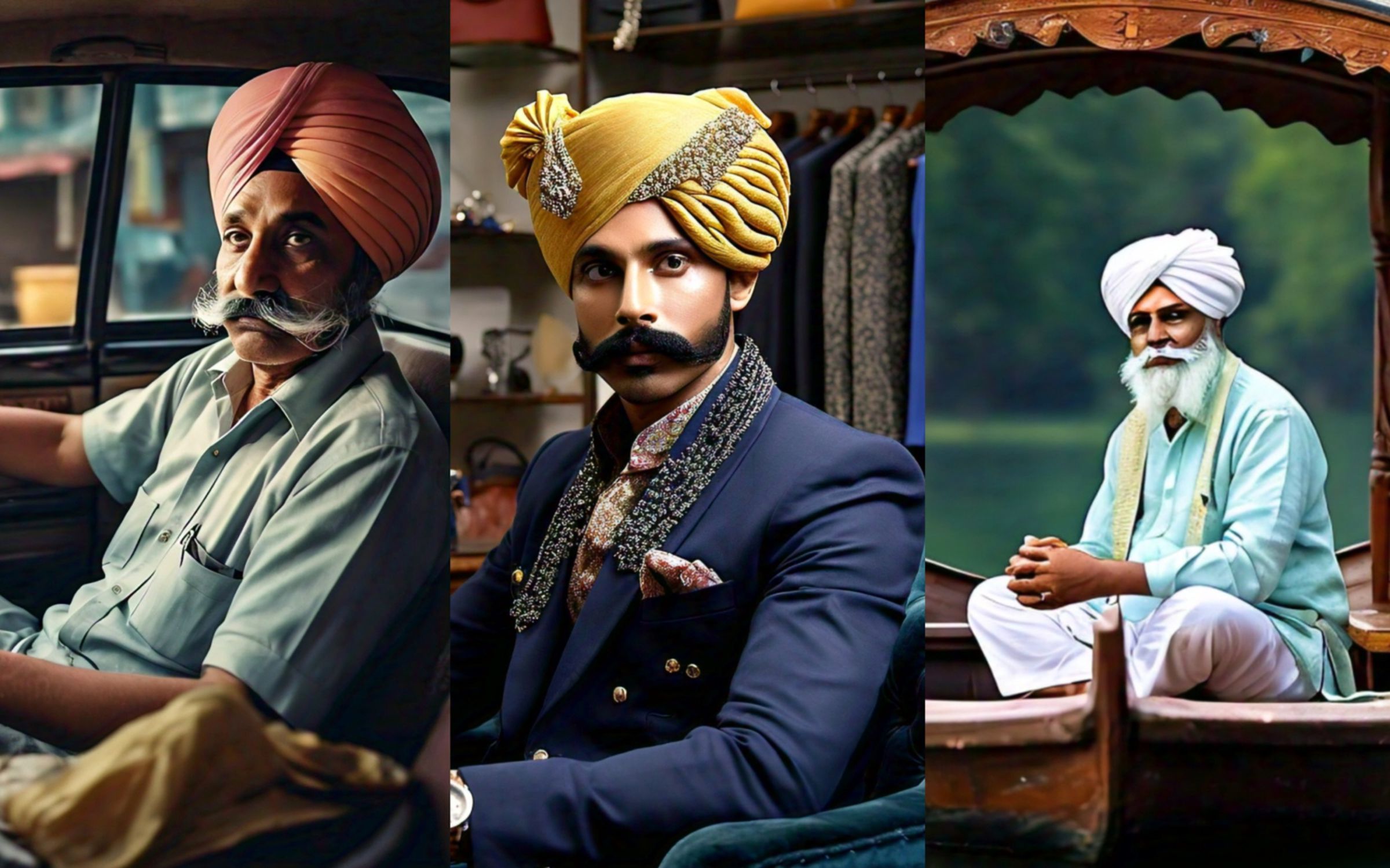 three AI images of Indian men wearing turbans