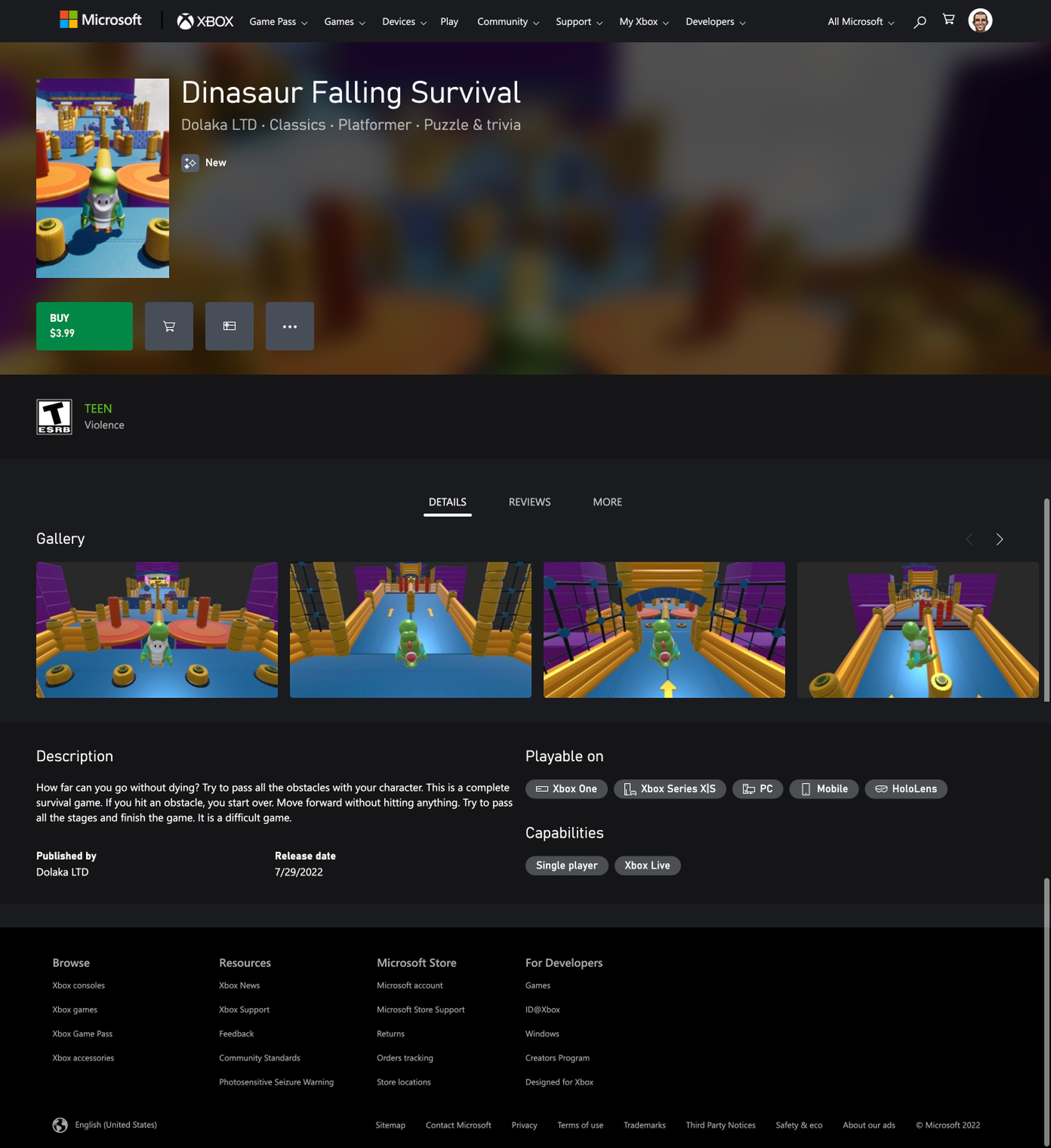 The Xbox Store page for Dinasaur Falling Survival.