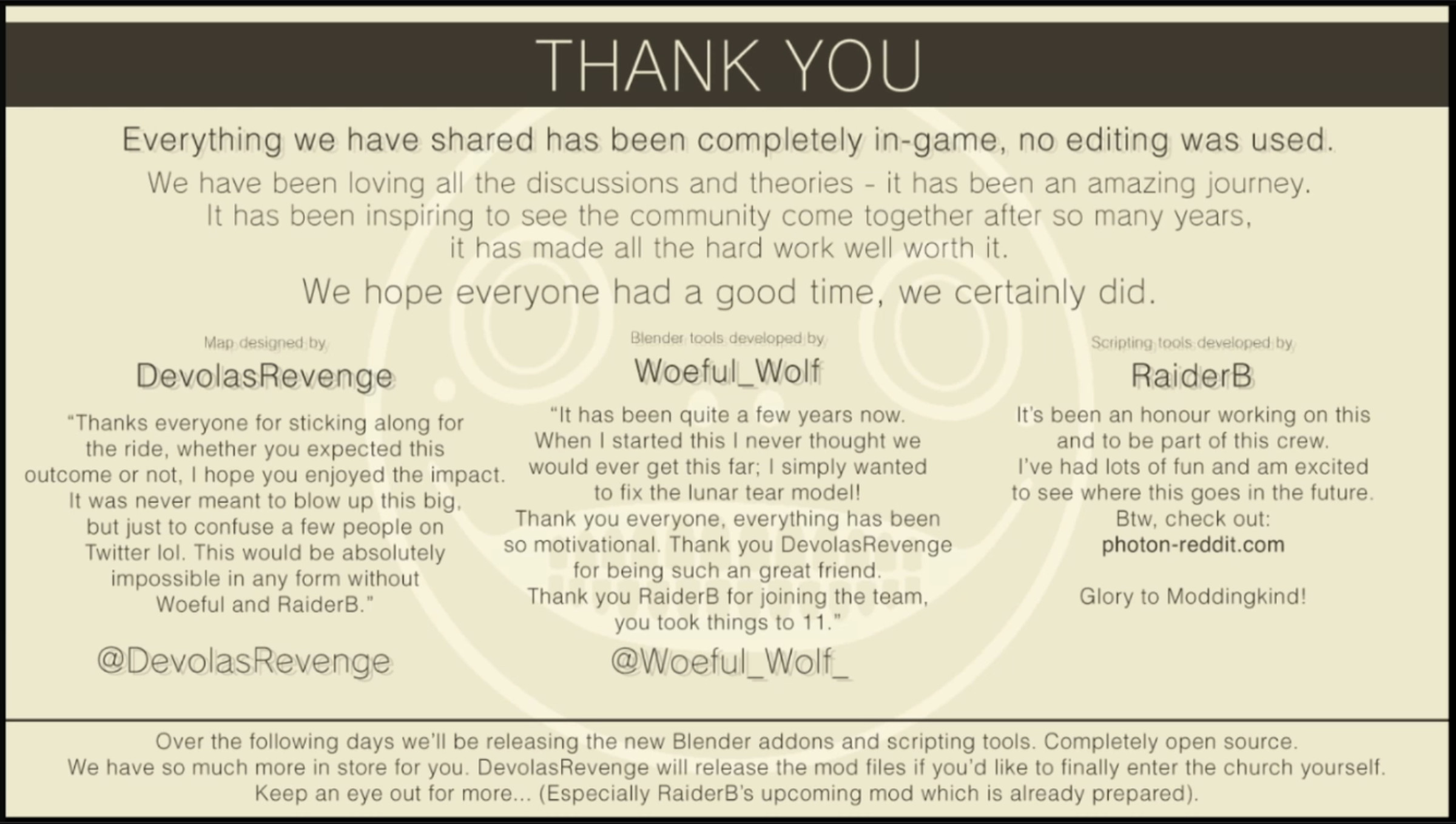 Thank you note from Nier: Automata modders explaining the hidden church was a mod they created and that they will release the assets for the mod in the coming days.