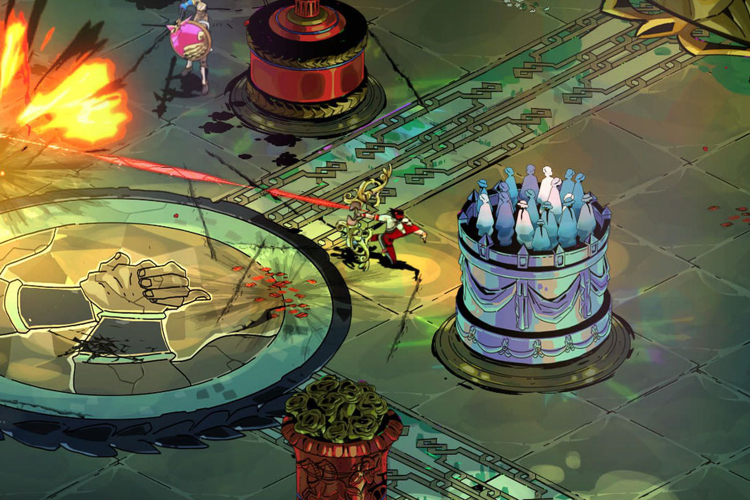 Game screenshot showing green surface with small tower with people standing on it, a large circle decorated with two clasping hands, a vase with greenery, and characters.