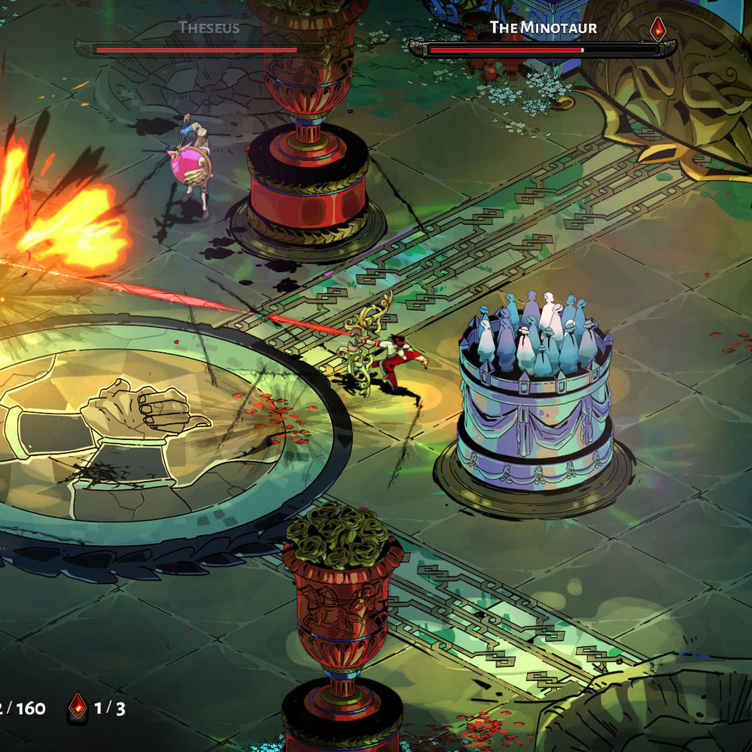 Game screenshot showing green surface with small tower with people standing on it, a large circle decorated with two clasping hands, a vase with greenery, and characters.