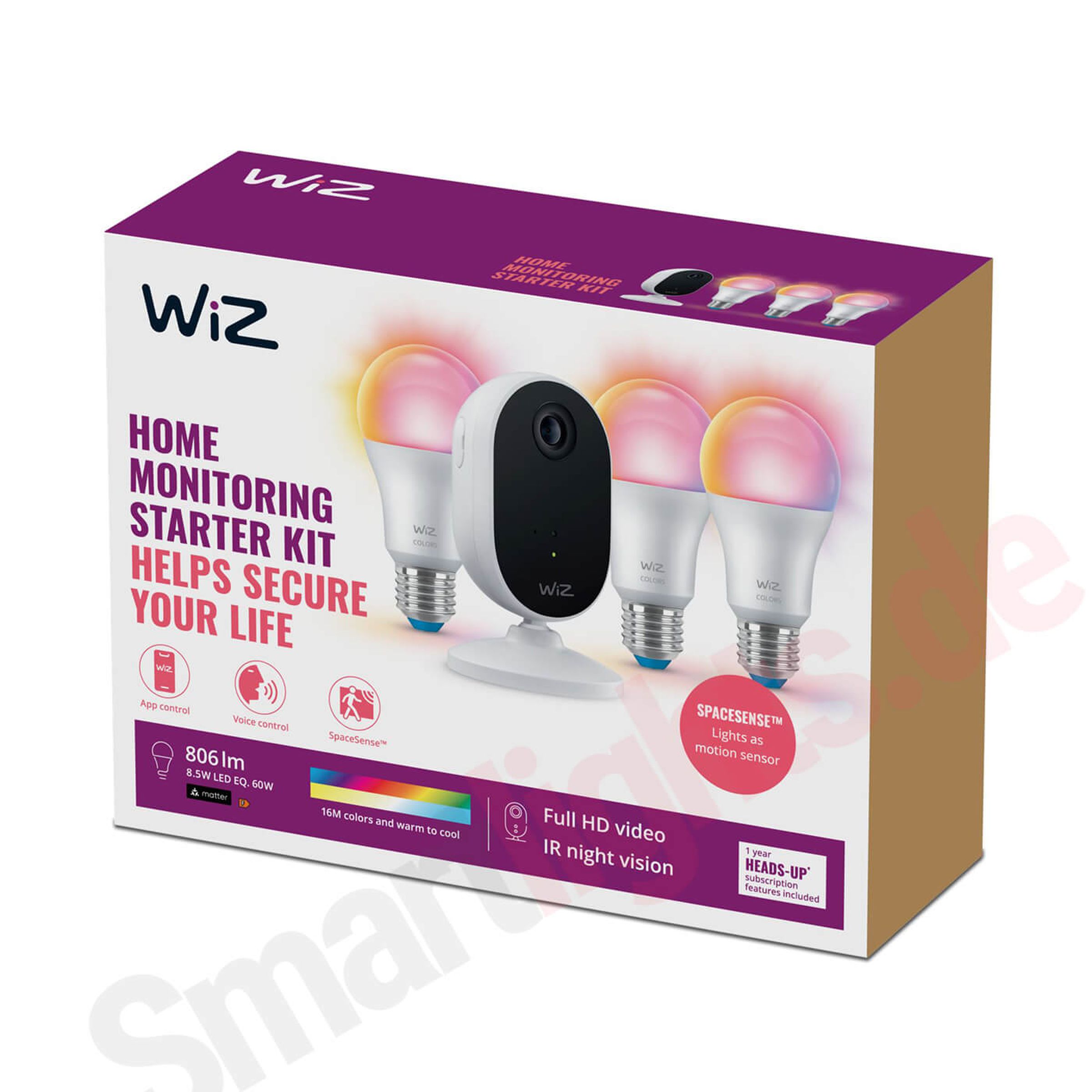 A product box showing WiZ smart bulbs and a smart security camera.