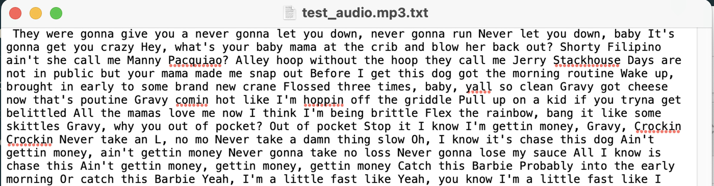 Image showing a text file with the transcribed lyrics for Yung Gravy’s song “Betty (Get Money).” The transcription contains many inaccuracies.