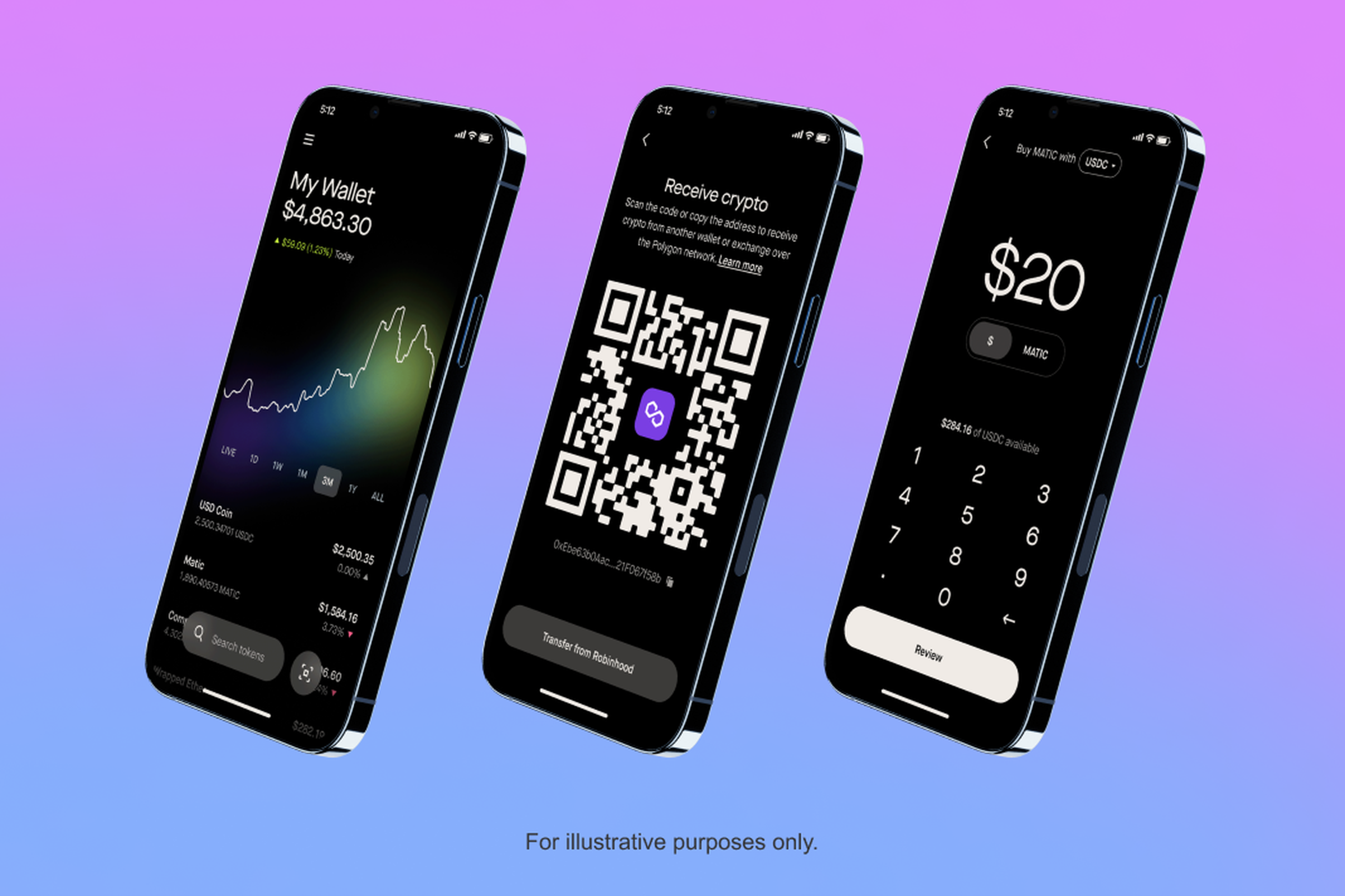 Illustration showing three phones displaying separate parts of the Robinhood web3 wallet app, one with a chart on it, one with a QR code, and another with a purchase screen to buy crypto.