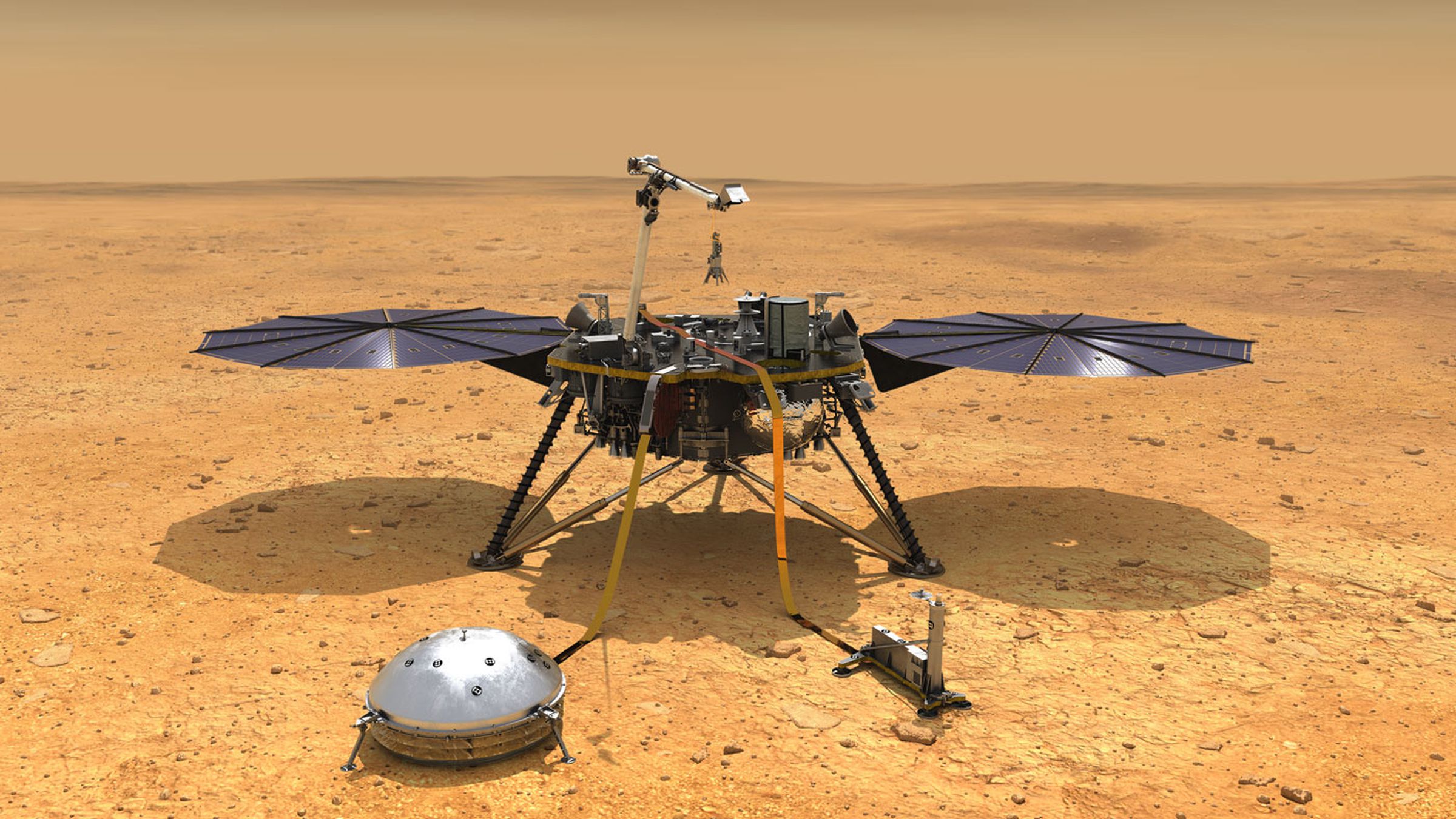 An artistic rendering of InSight on Mars with its instruments deployed